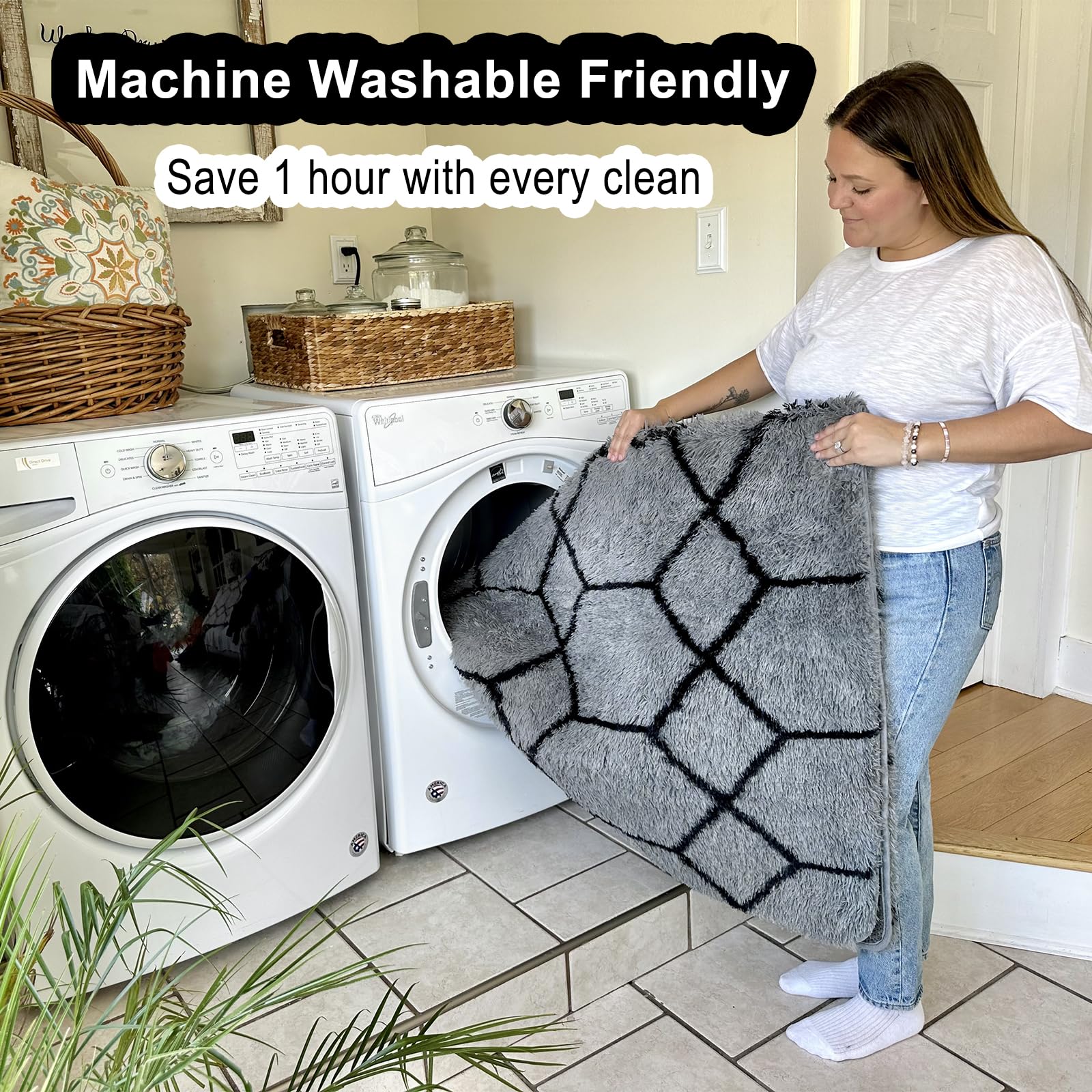 ONASAR 8x10 Fluffy Shaggy Area Rug - Soft Plush Geometric Boho Carpet for Living Room, Bedroom, Nursery, Kids Room, Playroom & Dorm Decor - Machine Washable Grey and Black Fuzzy Floor Mat (Perfect for Cozy Home, Classroom & Office Spaces)