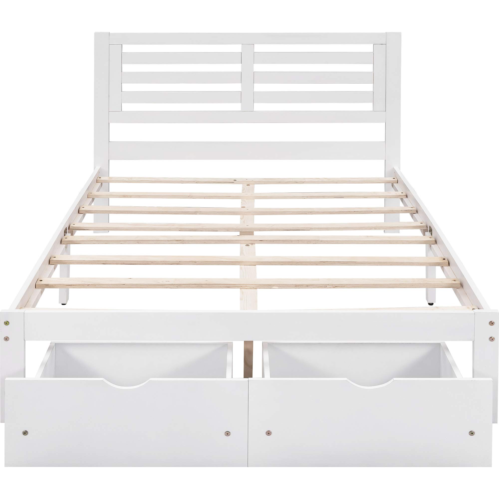 Henf Full Size Platform Bed Frame with 2 Storage Drawers - Solid Wood No Box Spring Needed - Easy Assembly Bed for Kids, Adults, Boys & Girls (White) - Perfect for Small Bedrooms, Guest Rooms & Dormitories
