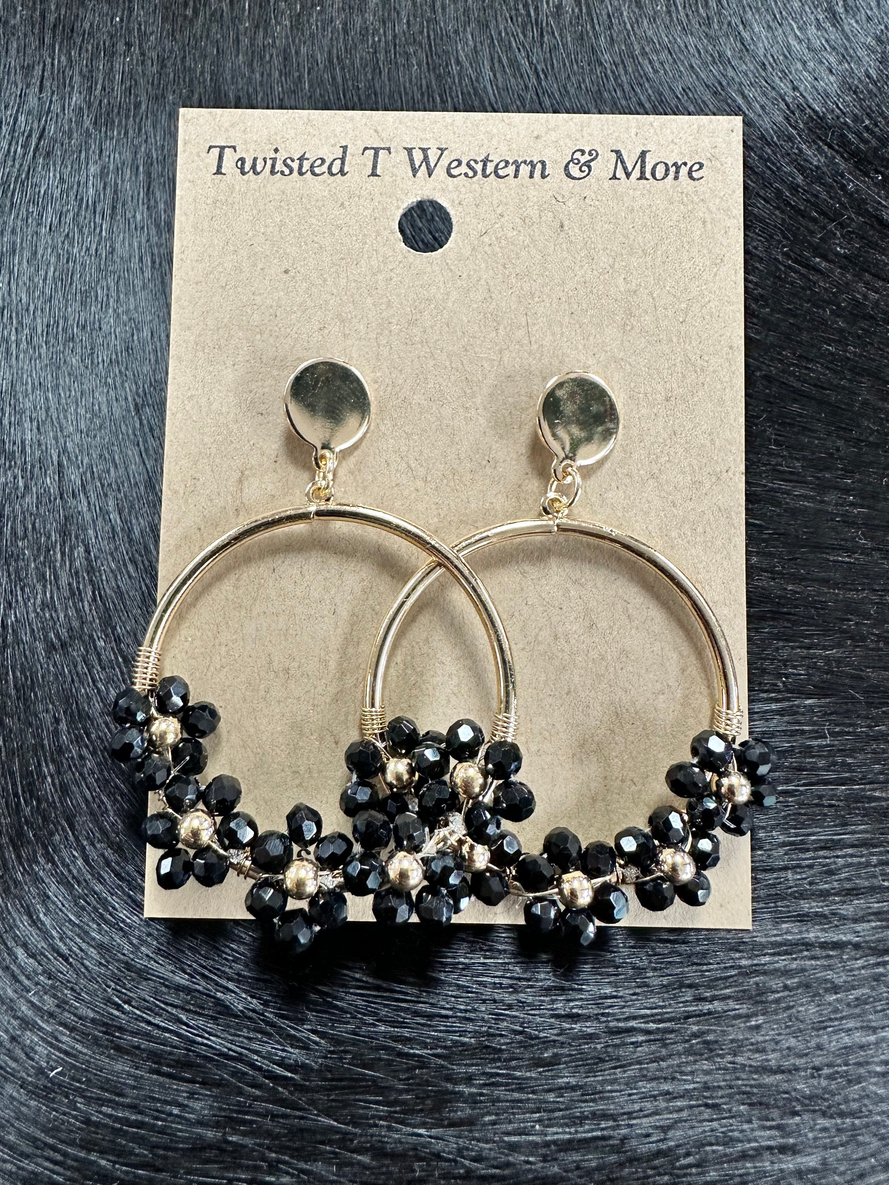 Elegant Black Gold-Tone Floral Hoop Earrings for Women - Boho Chic Jewelry for Parties, Weddings & Everyday Wear