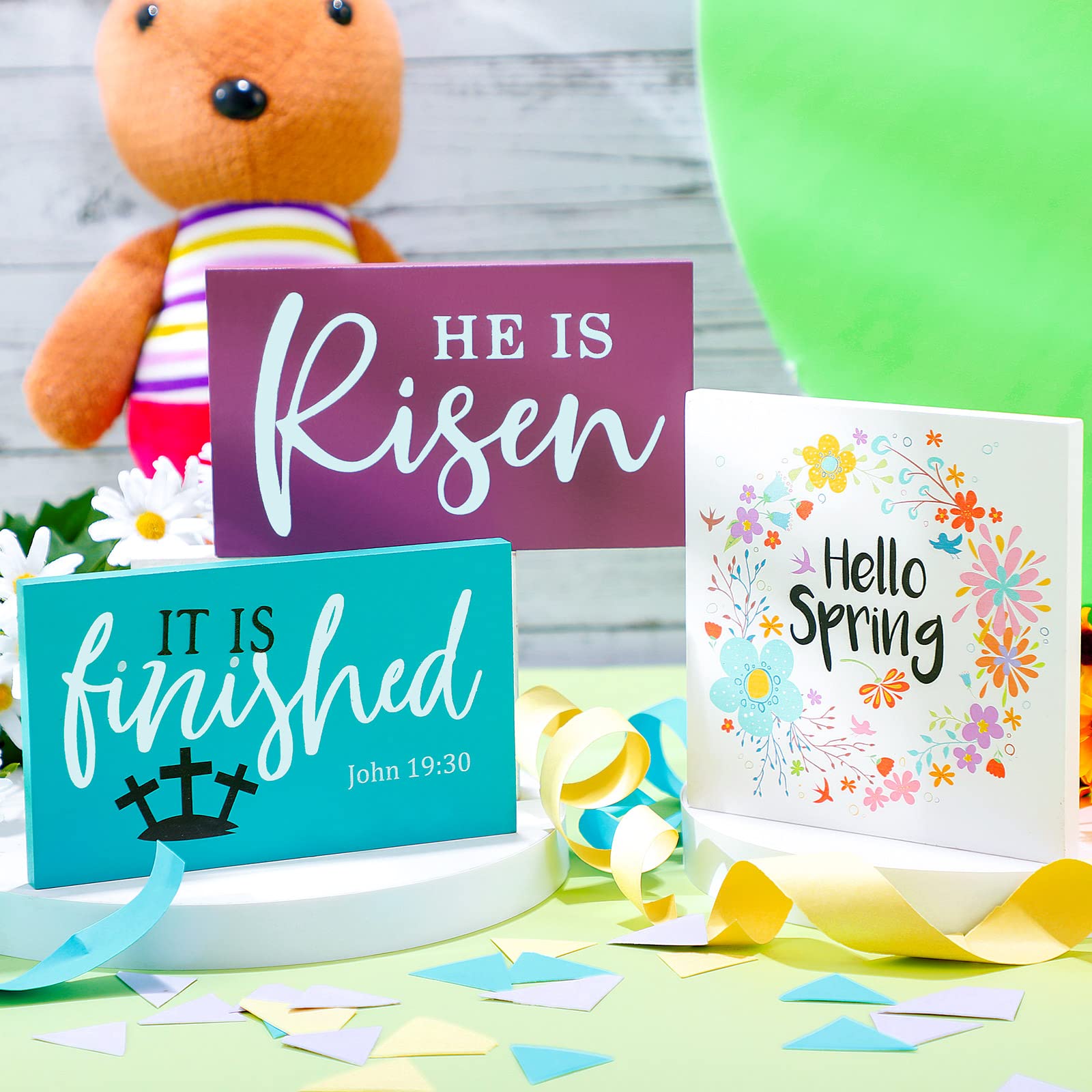 3-Piece Easter 'He Is Risen' Wooden Tiered Tray Decor Set - Spring Table Centerpiece, Farmhouse Home Decor for Easter Party, Holiday Celebration & Seasonal Display