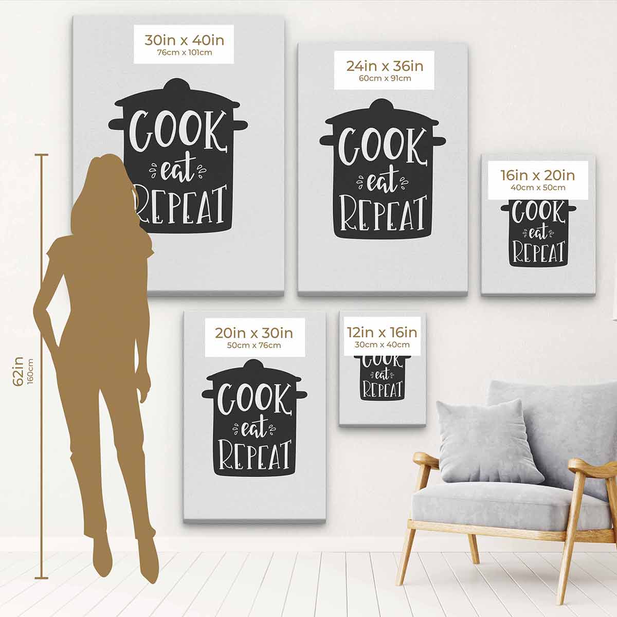 White 'COOK eat REPEAT' Kitchen Wall Art Canvas - 48x48 Inch Inspirational Home Decor for Modern Kitchens & Dining Rooms