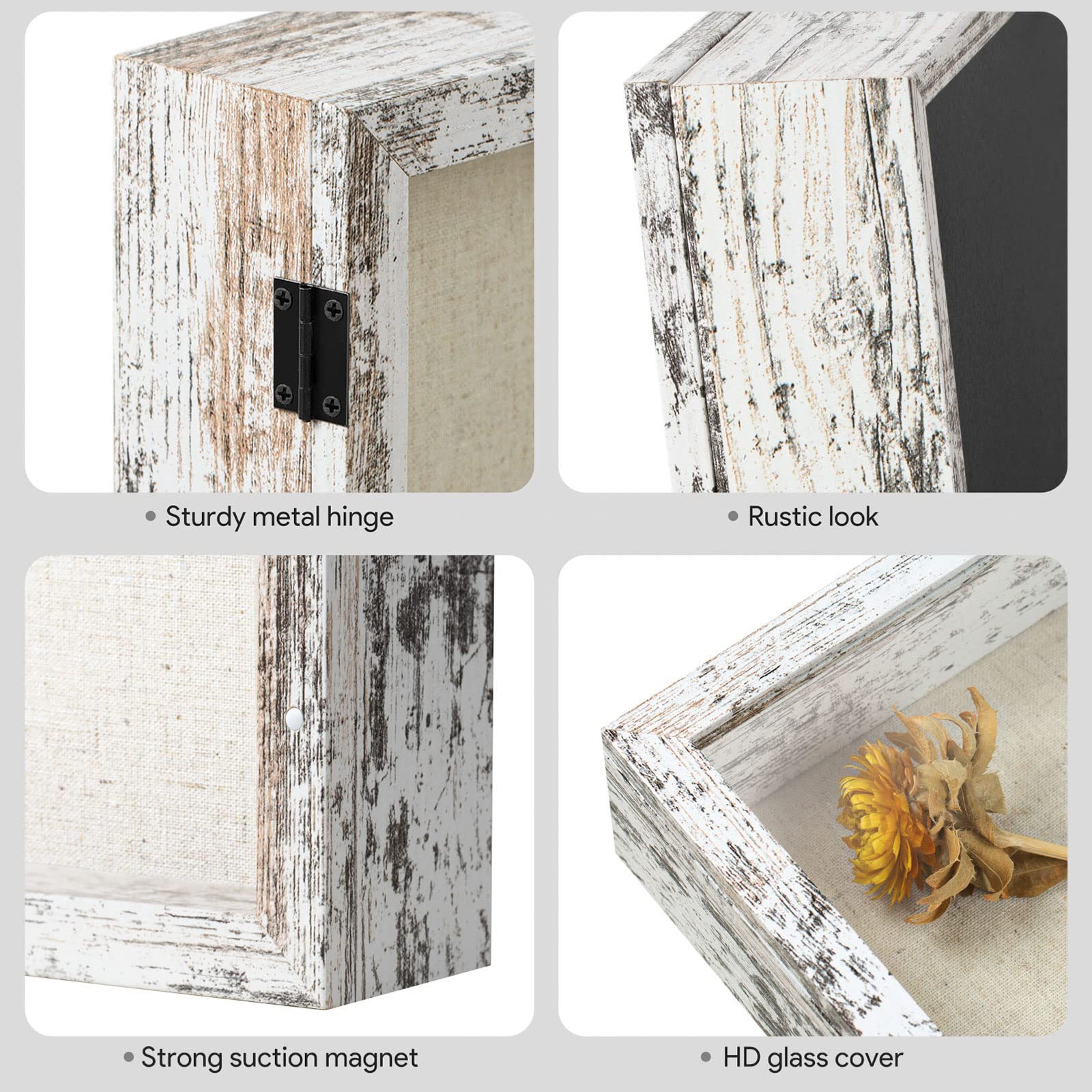 Califortree 8x10 Shadow Box Frame with Linen Back - Real Glass, Push Pins Included, Sturdy Rustic Memory Display Case, Distressed White - Perfect for Wedding Invitations, Baby Keepsakes & Military Memorabilia