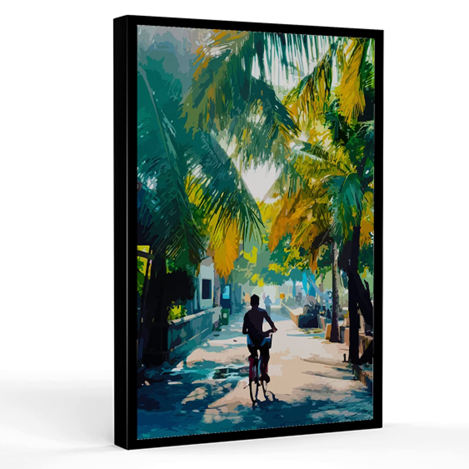 16''x24'' Framed Modern Canvas Wall Art - Tropical Travel Paradise with Palm Trees, Bali Indonesia Print, Colorful Bike Poster for Girls | Perfect for Living Room, Bedroom & Office Decor