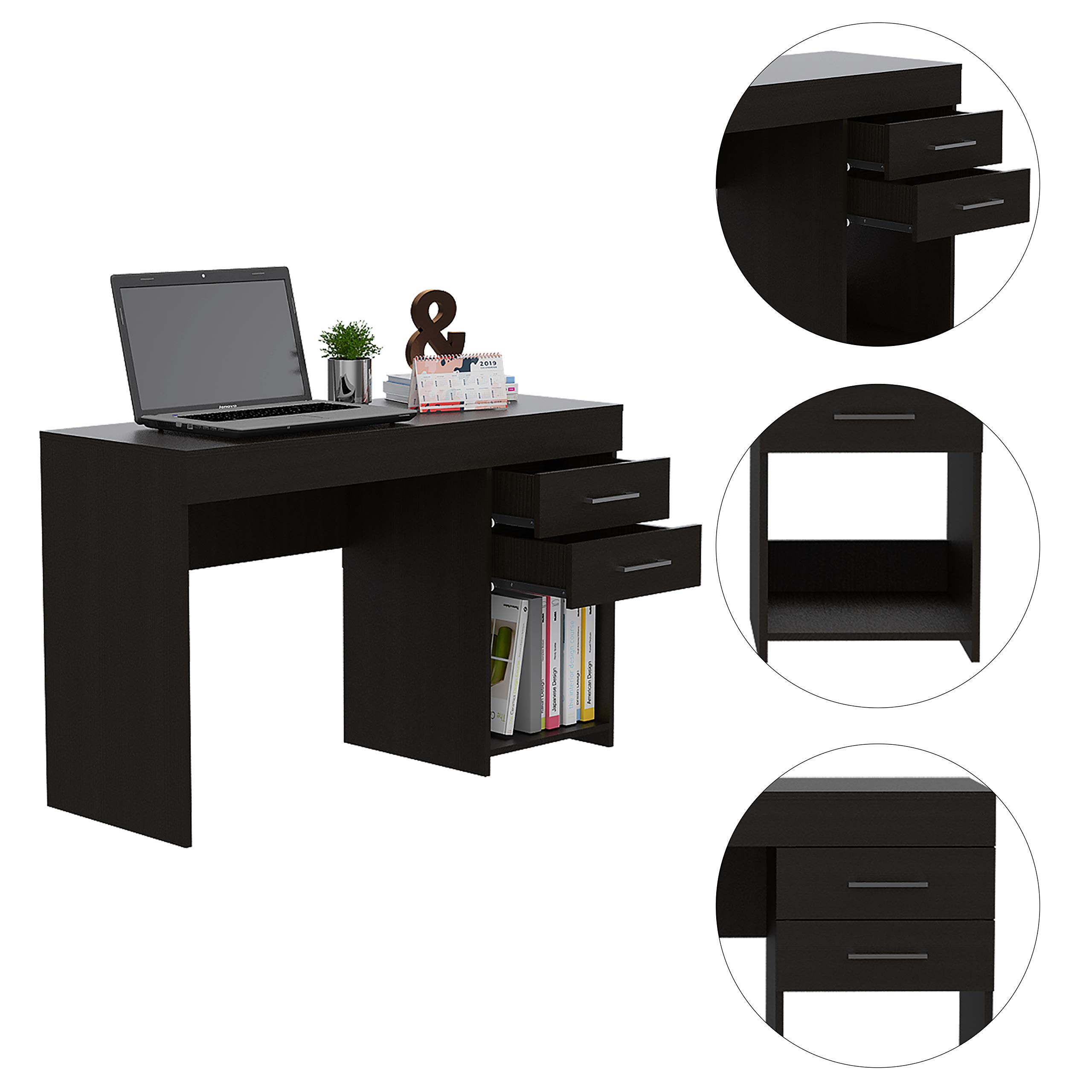 Black Austin Computer Desk with 2 Drawers & Open Shelf - Sturdy Metal Handles, Home Office Desk for Small Spaces, Gaming & Study Workstation