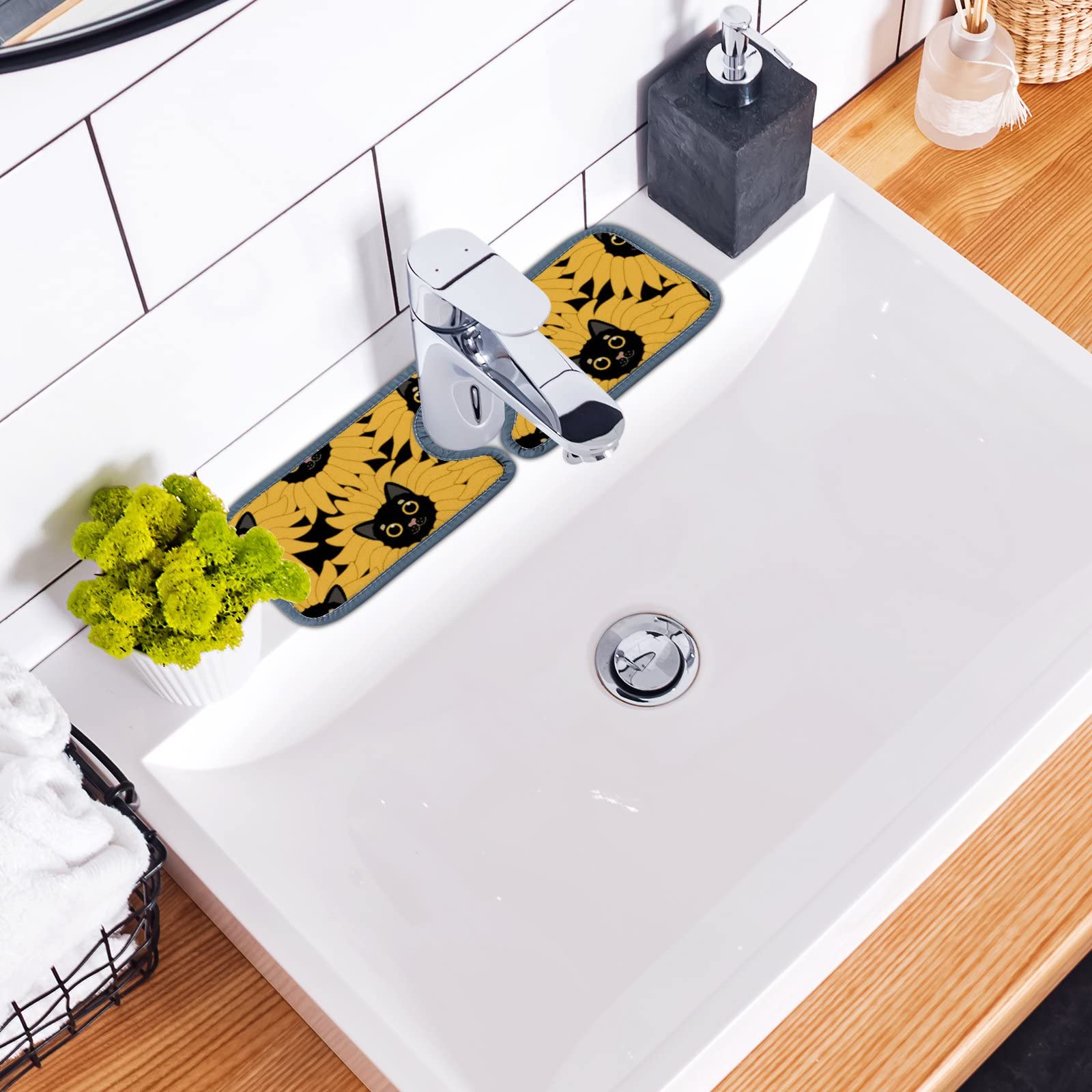 Sunflower Black Cat Sink Faucet Splash Guard - 4 Pack Absorbent Countertop Mats for Kitchen & Bathroom - Waterproof RV Tap Protector Pads to Prevent Stains | Perfect for Home, RV, and Office Use