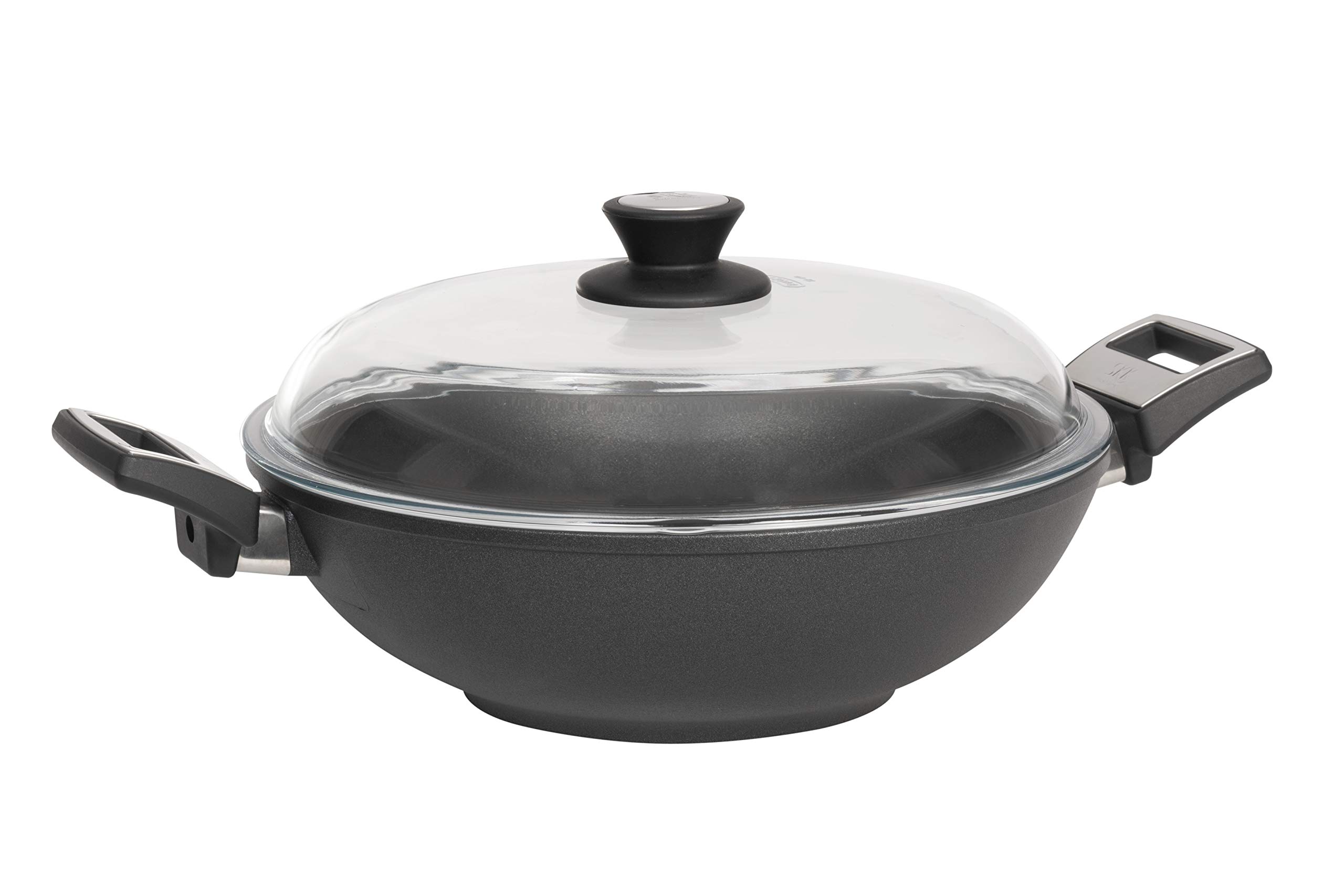 Premium Titanium 2751 Cast Iron Induction Wok Pan with Tempered Glass Lid - 32cm/12.6 Inch - Heavy Duty Stir Fry Pan for Gas, Electric & Induction Cooktops - Perfect for Asian Cooking, Stir Frying & Deep Frying