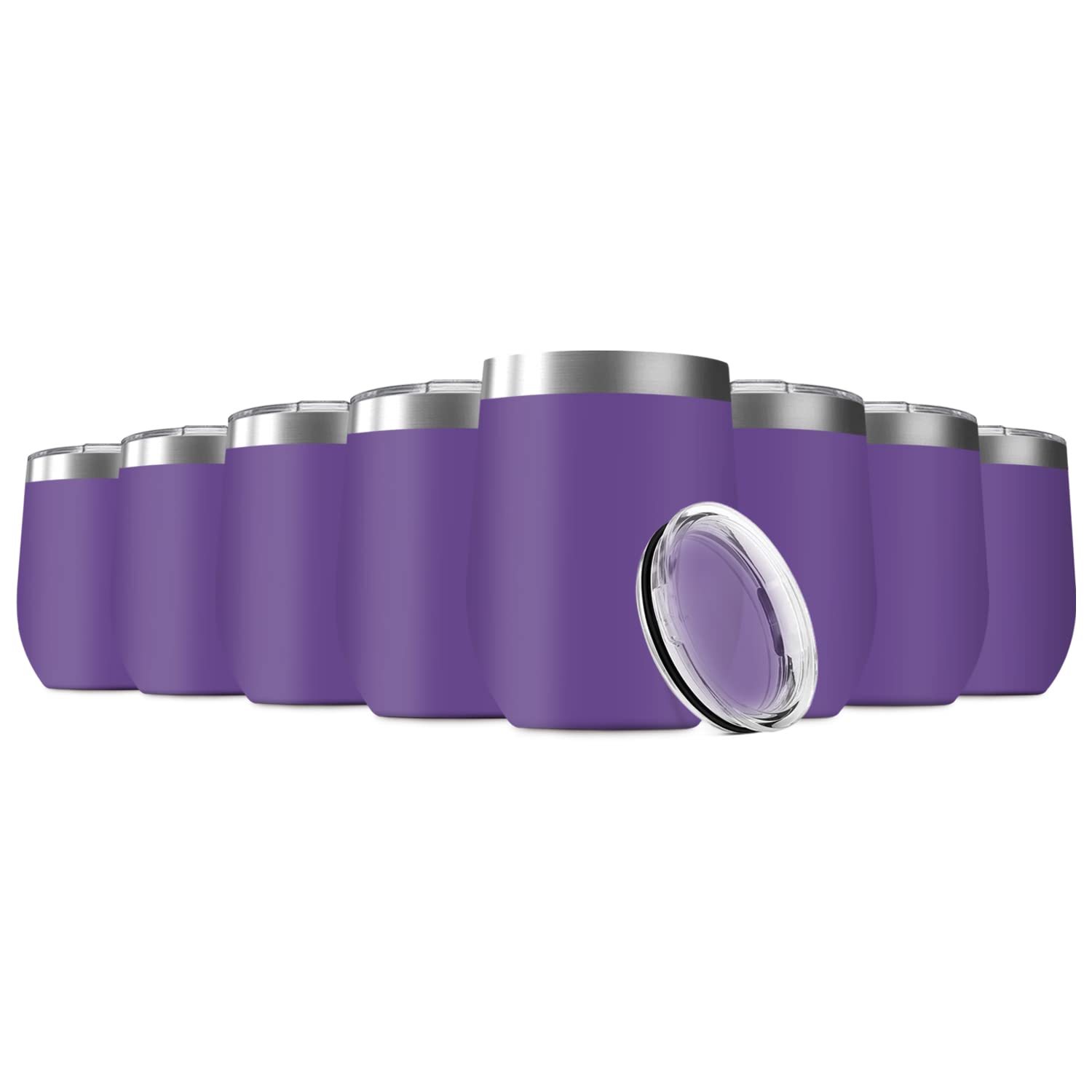 Deitybless 12oz Stainless Steel Wine Tumbler with Lid - Double Wall Vacuum Insulated Stemless Cup Set of 8 (Purple) - Perfect for Travel, Picnics, and Outdoor Parties