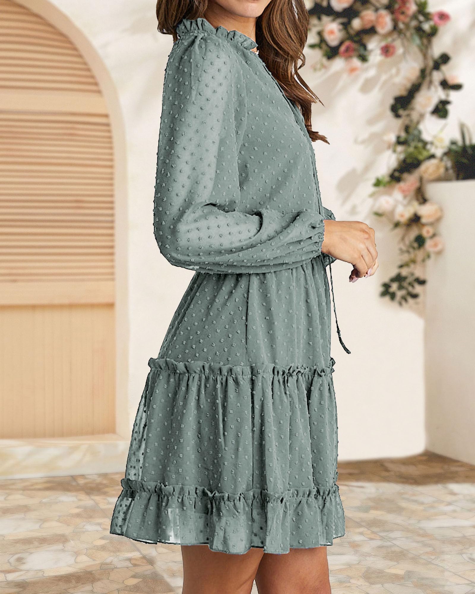 BTFBM Women's Casual Summer Spring Dress 2025 - Tie Neck Long Sleeve High Waist Tiered Ruffle A-Line Swing Mini Tunic Dress for Outdoor Parties, Date Night & Vacation Wear