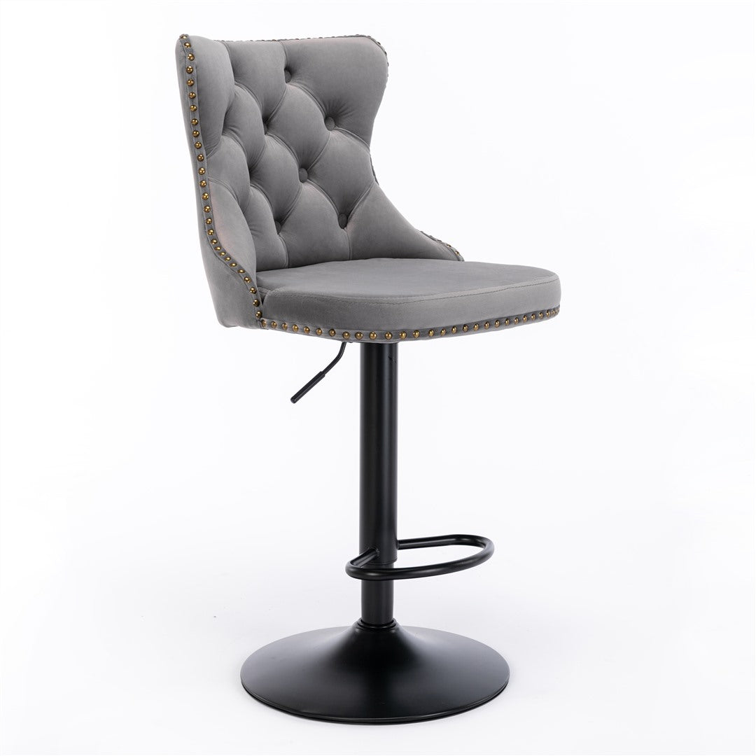 Adjustable Height Swivel Bar Stools with Footrest - Velvet Upholstered Nailhead Accent Bar Chairs for Kitchen Island, Home Bar & Dining Counter - Set of 2