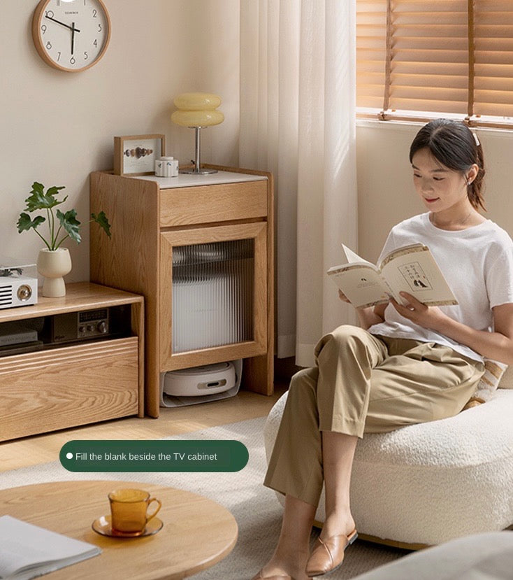 Solid Oak Wood Side Cabinet for Robot Vacuum Storage - Modern Rock Slab Design - Perfect for Living Room, Bedroom, or Home Office Organization