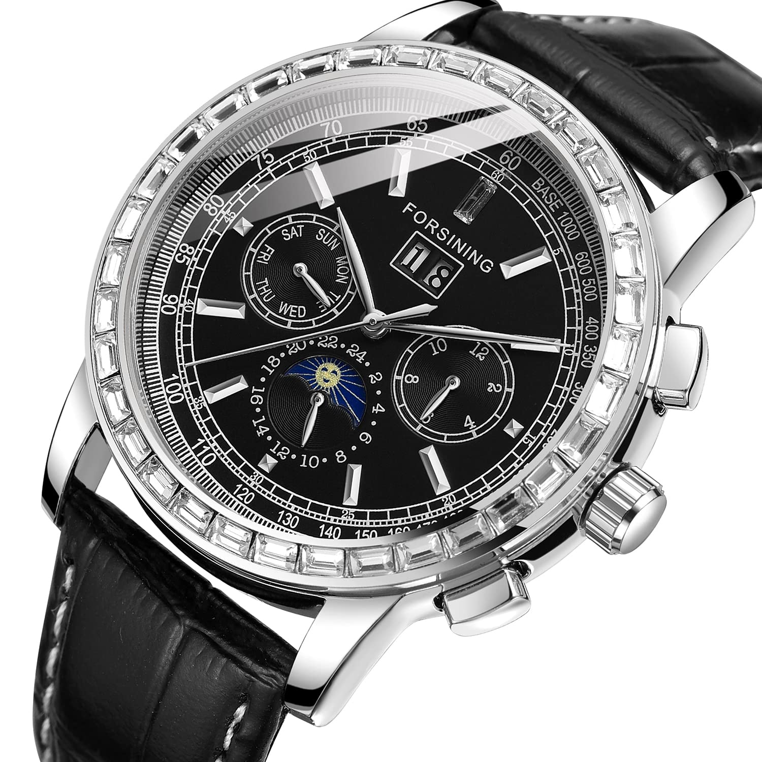FORSINING Men's Waterproof Automatic Diamond Analog Watch - Genuine Leather Strap with Moon Phase Display - Luxury Dress Watch for Business, Formal Events & Gifts