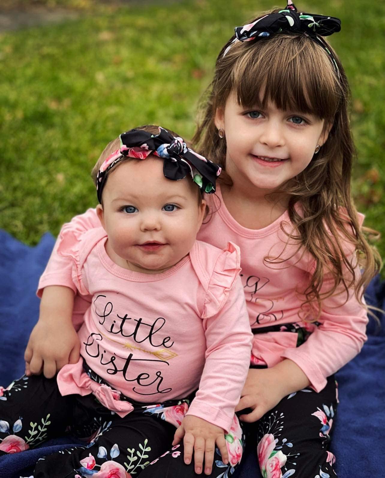 AMAWMW Big Sister Little Sister Matching Outfits - Toddler & Newborn Girl Clothes Set with Ruffle Romper, Floral Pants & Headband (3Pcs) - Perfect for Family Photos, Sibling Bonding & Special Occasions