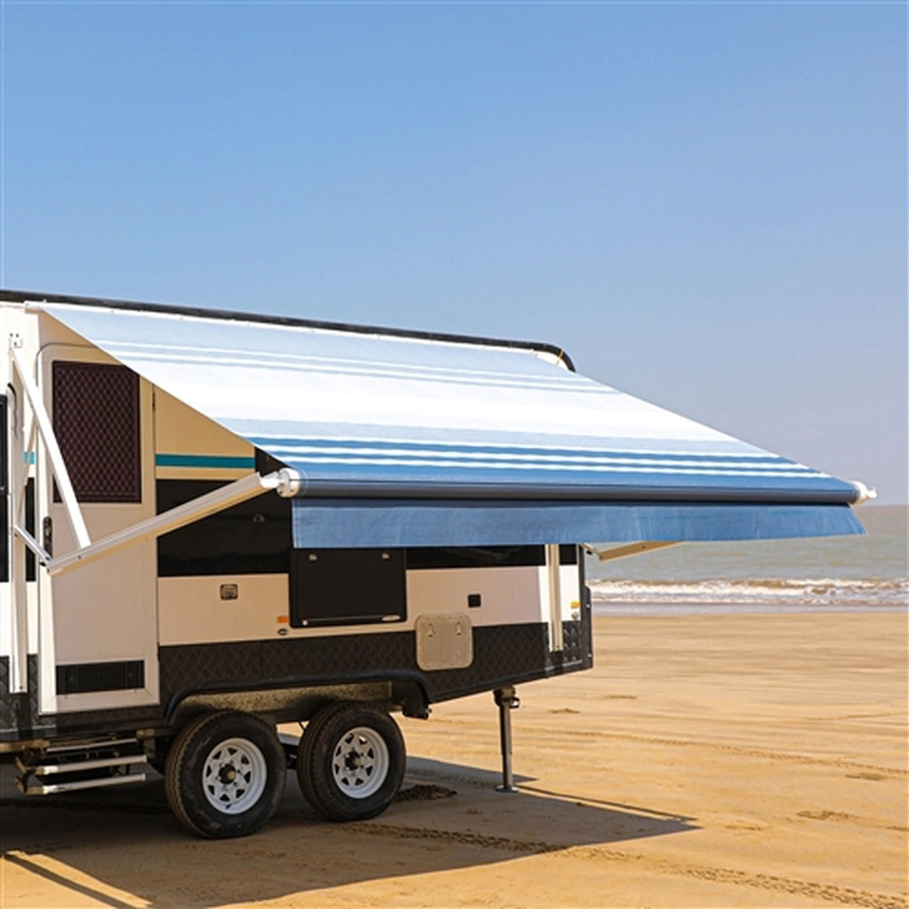 10 x 8 Feet Aleko Motorized Retractable RV Awning - Blue Striped Canopy for Camping & Outdoor Shade | Perfect for RVs, Trailers & Patio Use