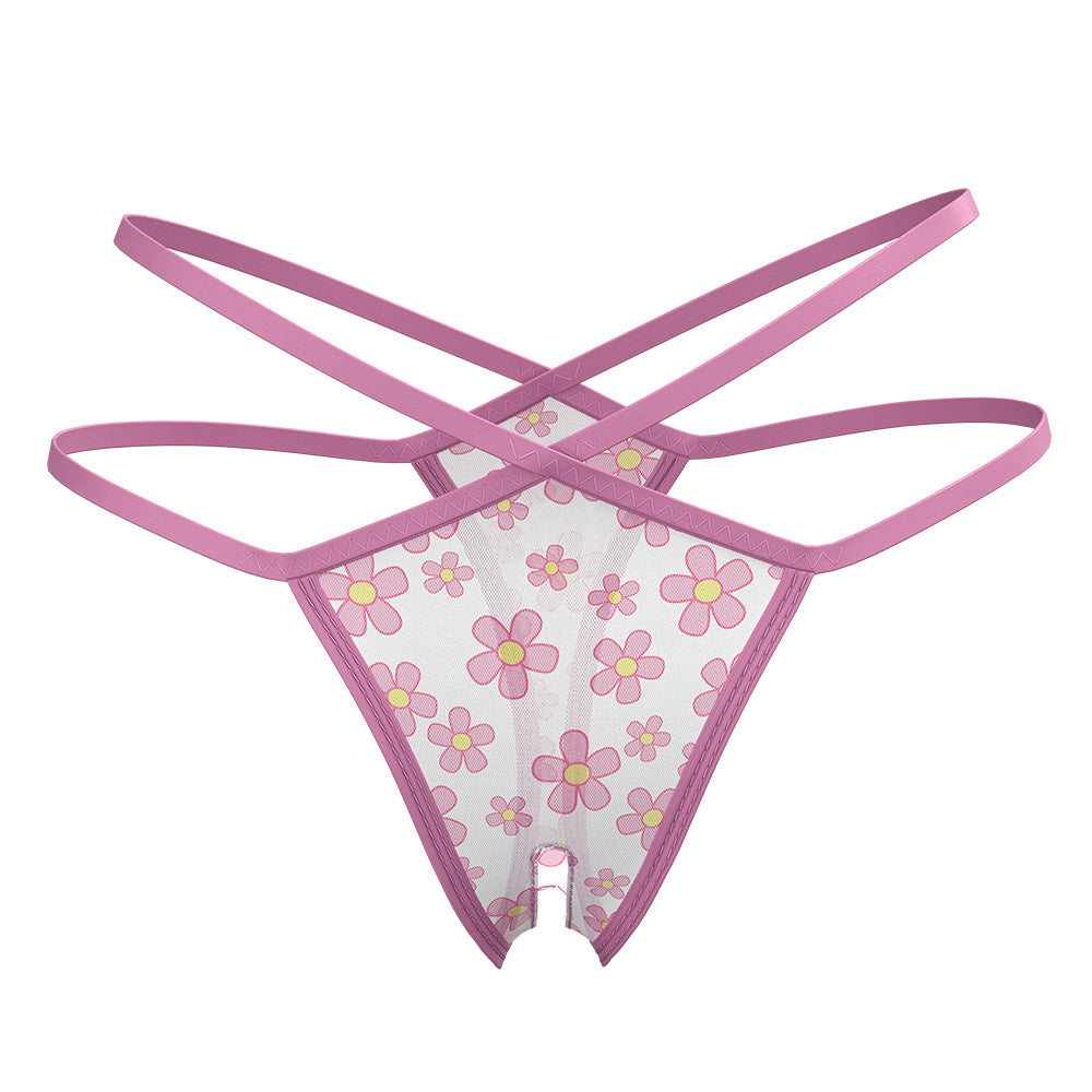 Exposed Daisy UV Reactive Split Crotch Mesh Thong for Women - Sexy Lingerie for Curvy Figures - Perfect for Nightwear, Boudoir Photography & Sensual Occasions