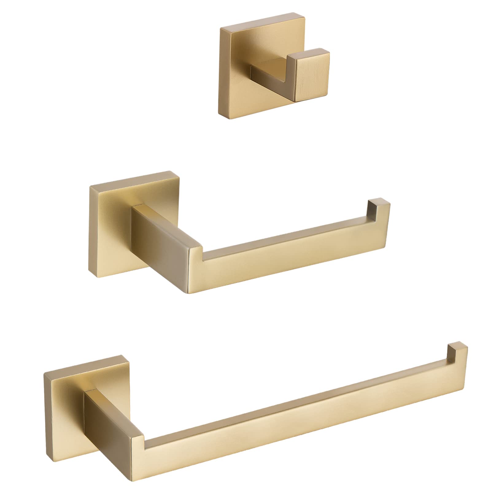 Premium Brushed Gold 3-Piece Bathroom Hardware Set - Stainless Steel Towel Holder, Toilet Paper Holder & Wall Hook - Modern Gold Bathroom Accessories for Home Decor (Ideal for Powder Rooms, Guest Baths & Master Suites)