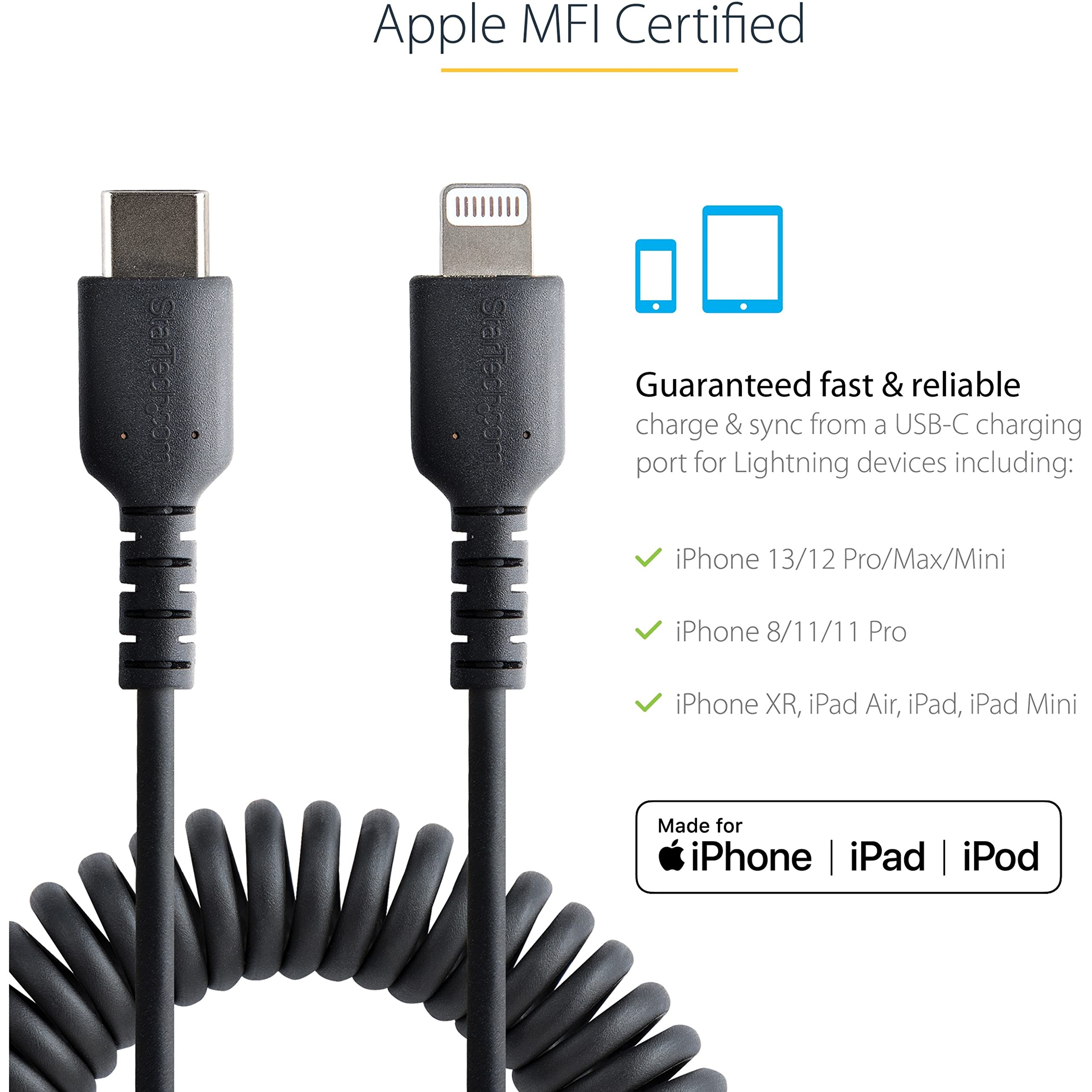 StarTech.com 20in / 50cm USB C to Lightning Cable - MFi Certified iPhone Charger with Durable TPE Jacket & Aramid Fiber - Heavy Duty Coiled Charging Cable for iPhone (Black) - Perfect for Home, Office, and Travel Use