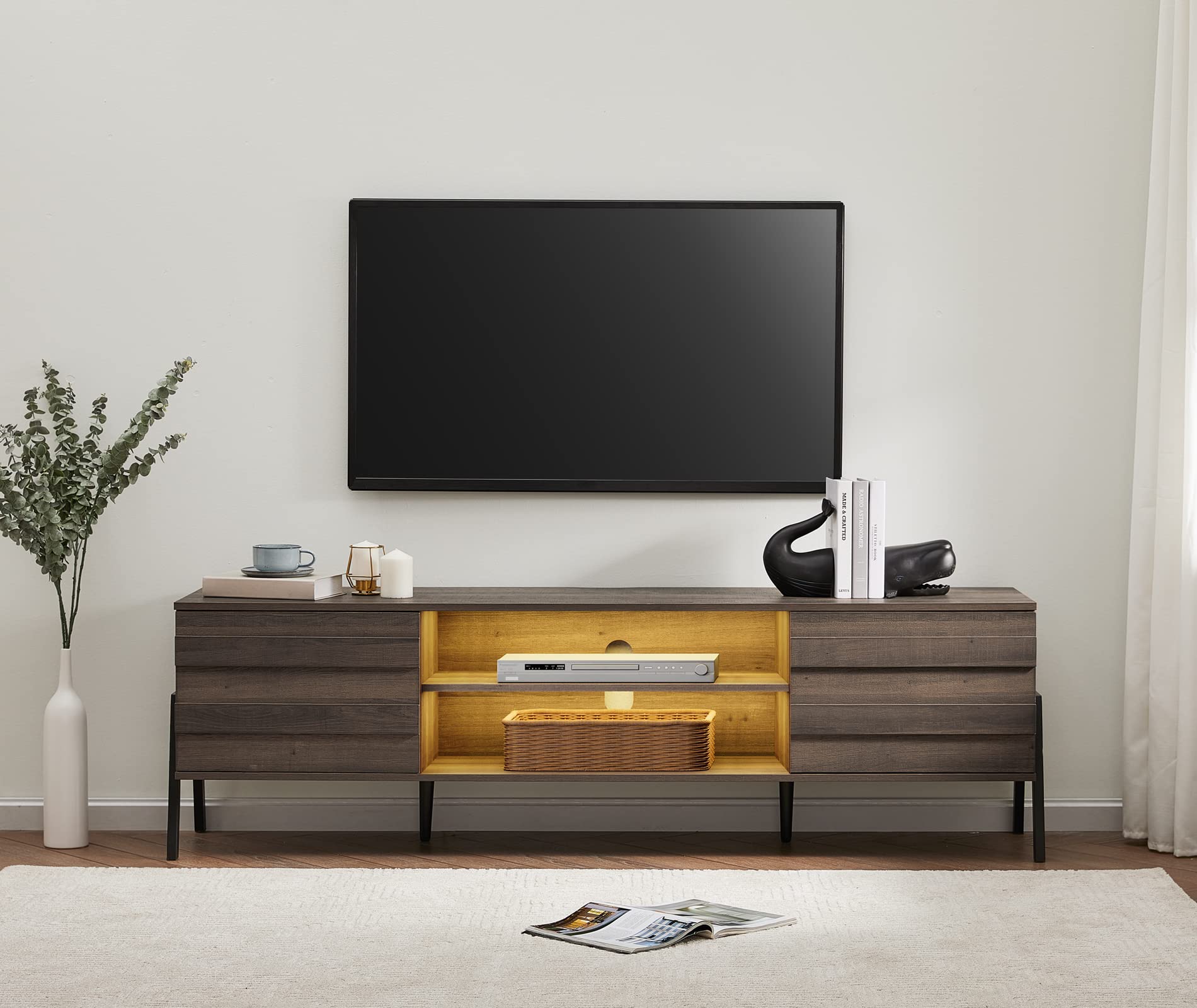 Mid-Century Modern LED TV Stand for 70-80 Inch Flat Screen TVs - Wood Media Console with Storage - Entertainment Center for Living Room & Bedroom - Perfect for Movie Nights & Home Theater Setup