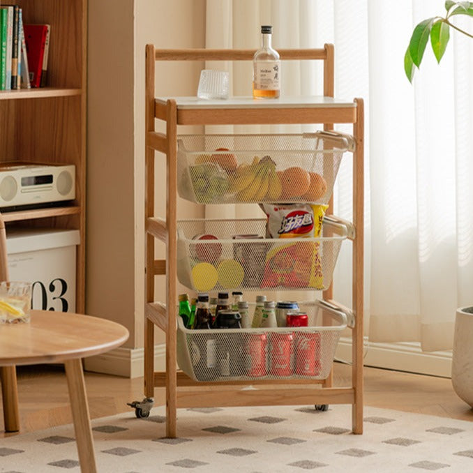 Solid Oak Wood Mobile Slate Trolley Cart - Rolling Kitchen Island with Storage for Home, Office, or Restaurant Use