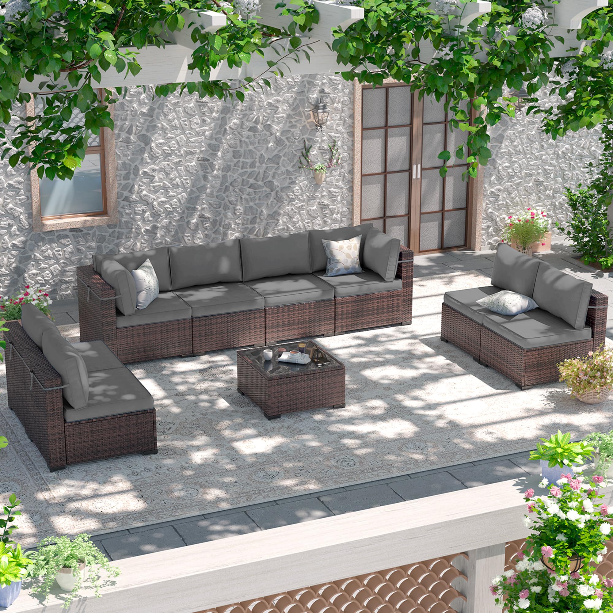 Amopatio 9-Piece All-Weather Outdoor Patio Furniture Set - Modern Wicker Sectional Sofa with Glass Coffee Table, Thick Gray Cushions & Waterproof Cover - Perfect for Backyard, Poolside & Garden Relaxation