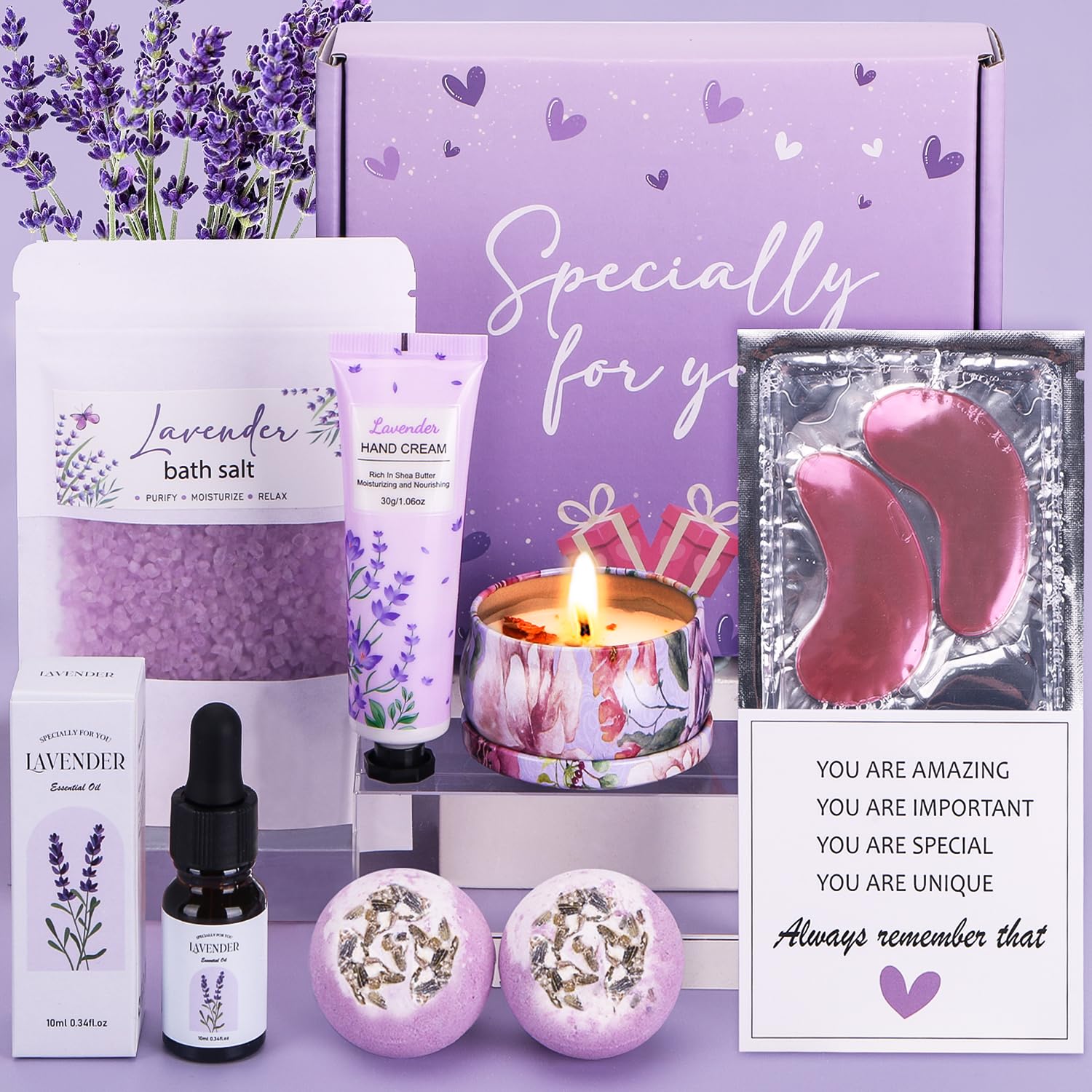 Lavender Spa Gift Set for Women - Relaxing Birthday, Anniversary & Valentine's Day Present for Wife, Mom, Sister or Friend - Self Care Package with Aromatherapy Essentials for Stress Relief & Home Relaxation
