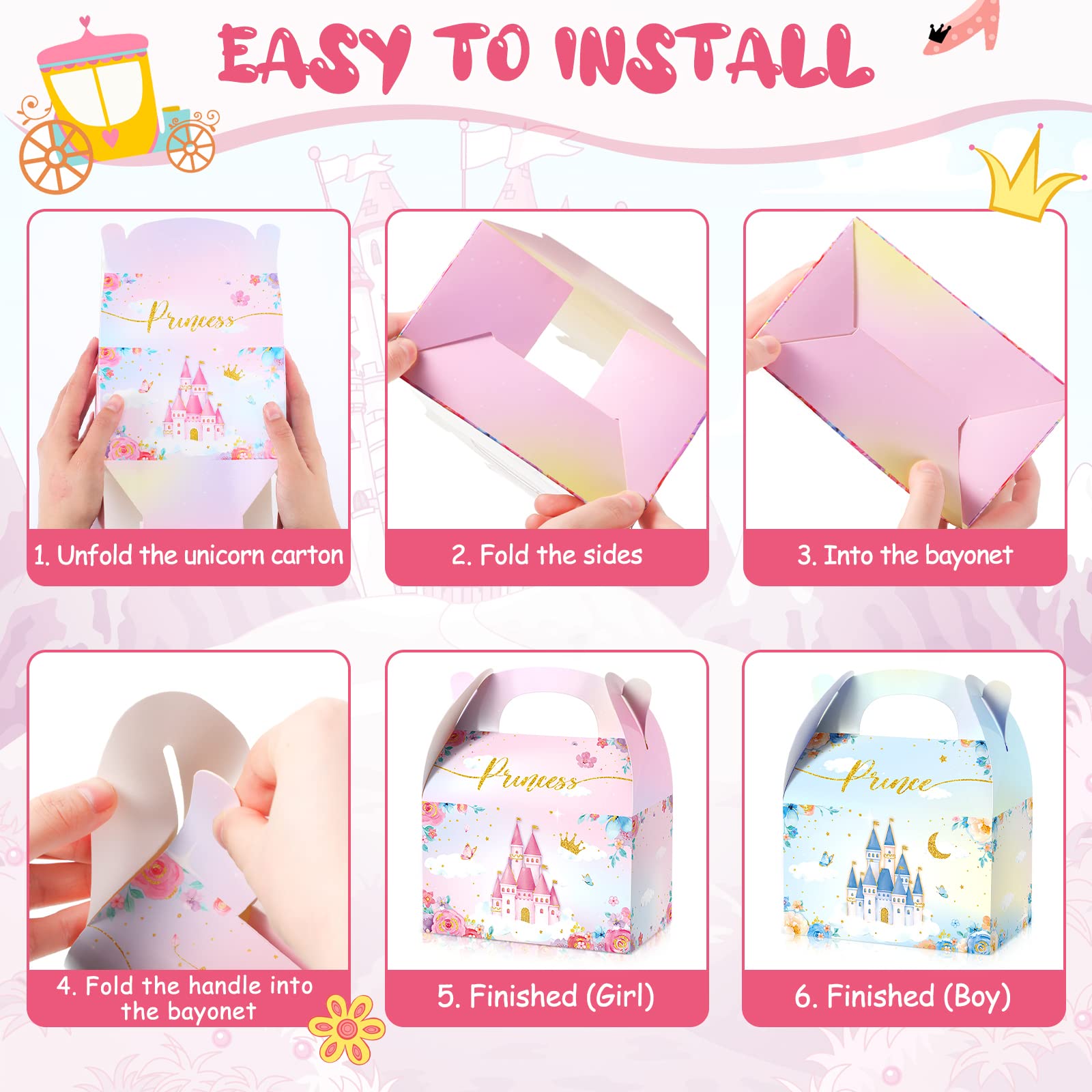 Nezyo Princess and Prince Treat Boxes - Pink & Blue Crown Cardboard Goodie Boxes for Kids Birthday Party Favors (12 Pcs) - Perfect for Royal Themed Birthday Parties, Baby Showers, and Gender Reveal Events