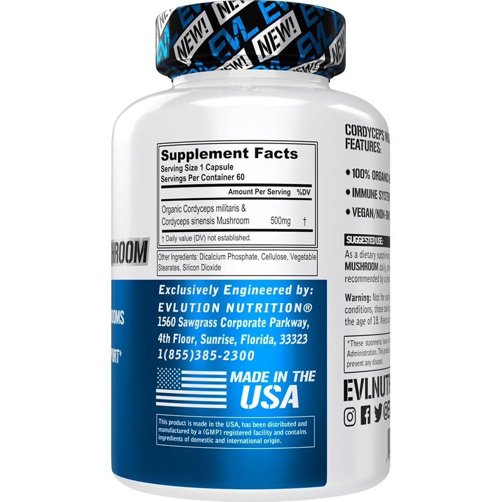 EVLution Nutrition Cordyceps Mushroom Supplement - 60 Vegan Capsules for Energy, Stamina & Immune Support - Perfect for Athletes, Fitness Enthusiasts & Wellness Routines