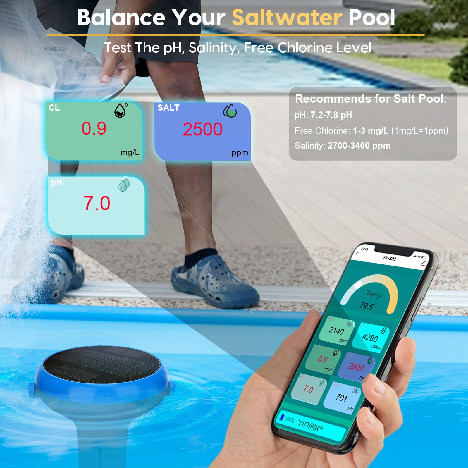 Smart 7-in-1 Pool Water Tester - Digital pH, Chlorine, Salinity, ORP, EC, TDS & Temperature Monitor for Swimming Pools, Saltwater Pools, Spas & Hot Tubs | Perfect for Inground & Above Ground Pool Maintenance