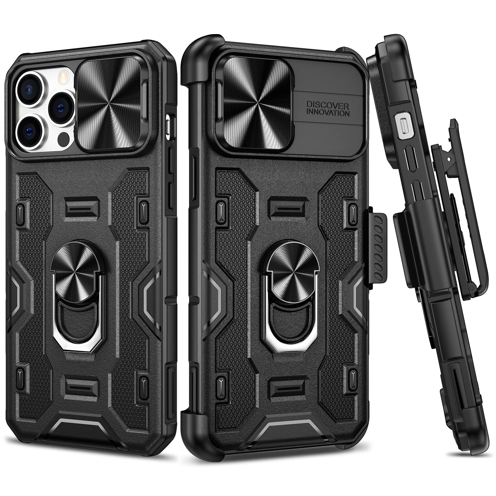 VEGO Armor Heavy Duty Military Grade Protective Case for iPhone 13 Pro Max & iPhone 12 Pro Max - Shockproof Stand, Slide Camera Cover, Rugged Holster & Magnetic Car Mount Holder - Charcoal Black - Perfect for Outdoor Adventures, Construction Work & Daily Protection