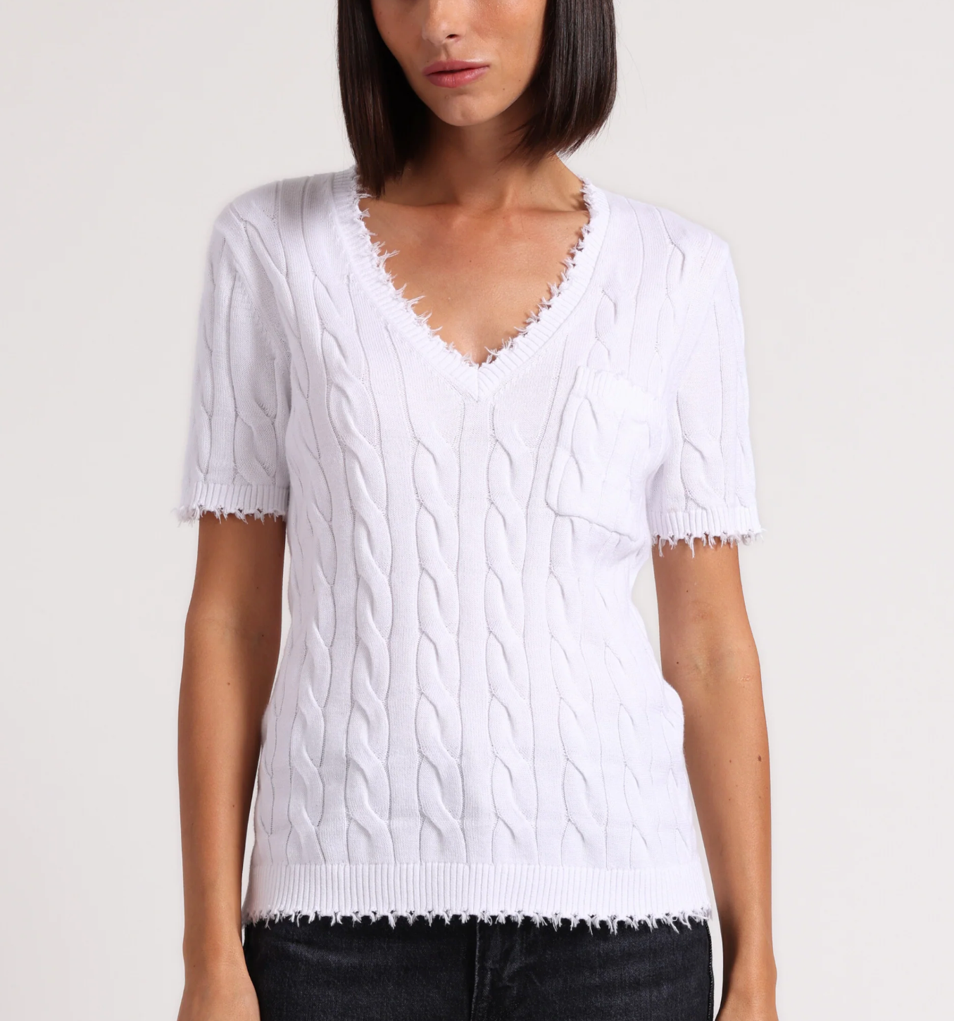 Minnie Rose Women's Cotton Frayed Cable Knit V-Neck T-Shirt with Pocket - Casual Comfort Top for Everyday Wear, Date Night & Weekend Outfits