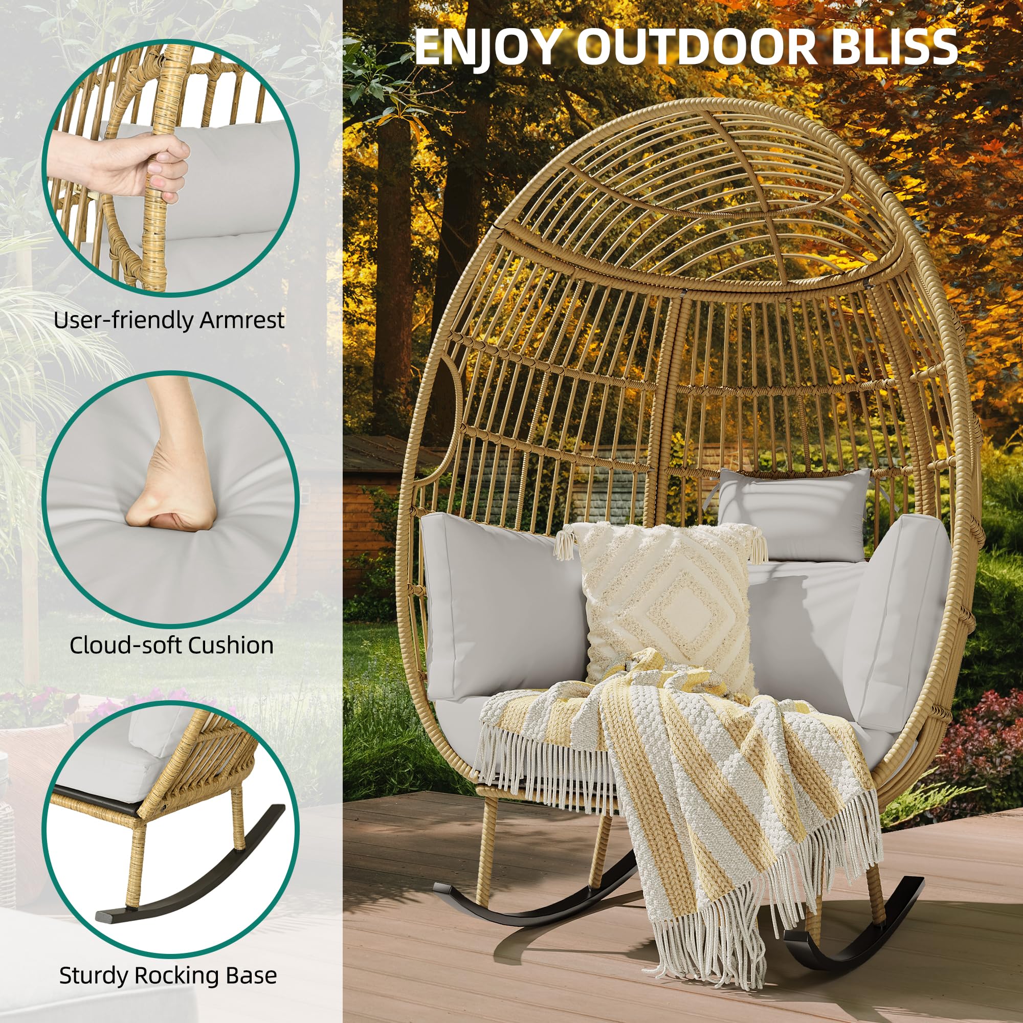 YITAHOME Grey Wicker Egg Chair for Outdoor Patio - Hanging Rocking Egg Chair with Stand - Perfect for Garden, Backyard, Balcony & Poolside Relaxation