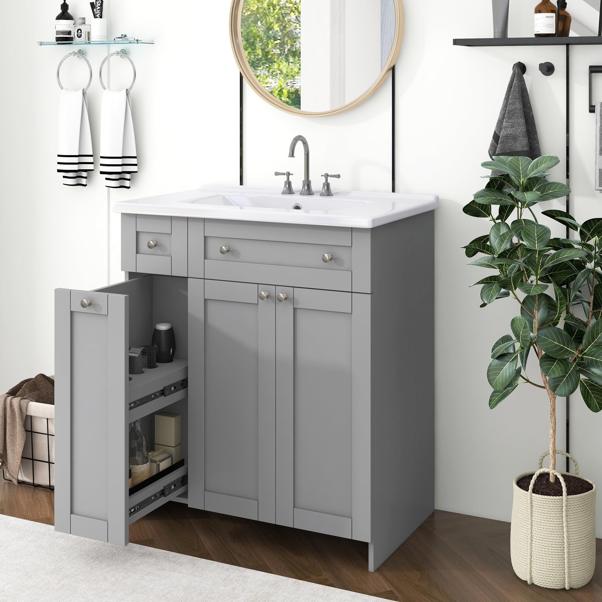 Bellemave 30 Inch Modern Bathroom Vanity Set with White Ceramic Sink, Storage Drawer - White Glossy Finish for Small Bathrooms, Powder Rooms & Guest Baths