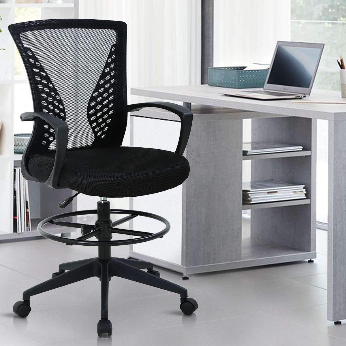 Ergonomic Adjustable Height Drafting Chair with Arms, Foot Rest & Lumbar Support - Mesh Back Office Swivel Chair for Artists, Architects & Gamers - Perfect for Home Office, Studio & Gaming Setup (Black)