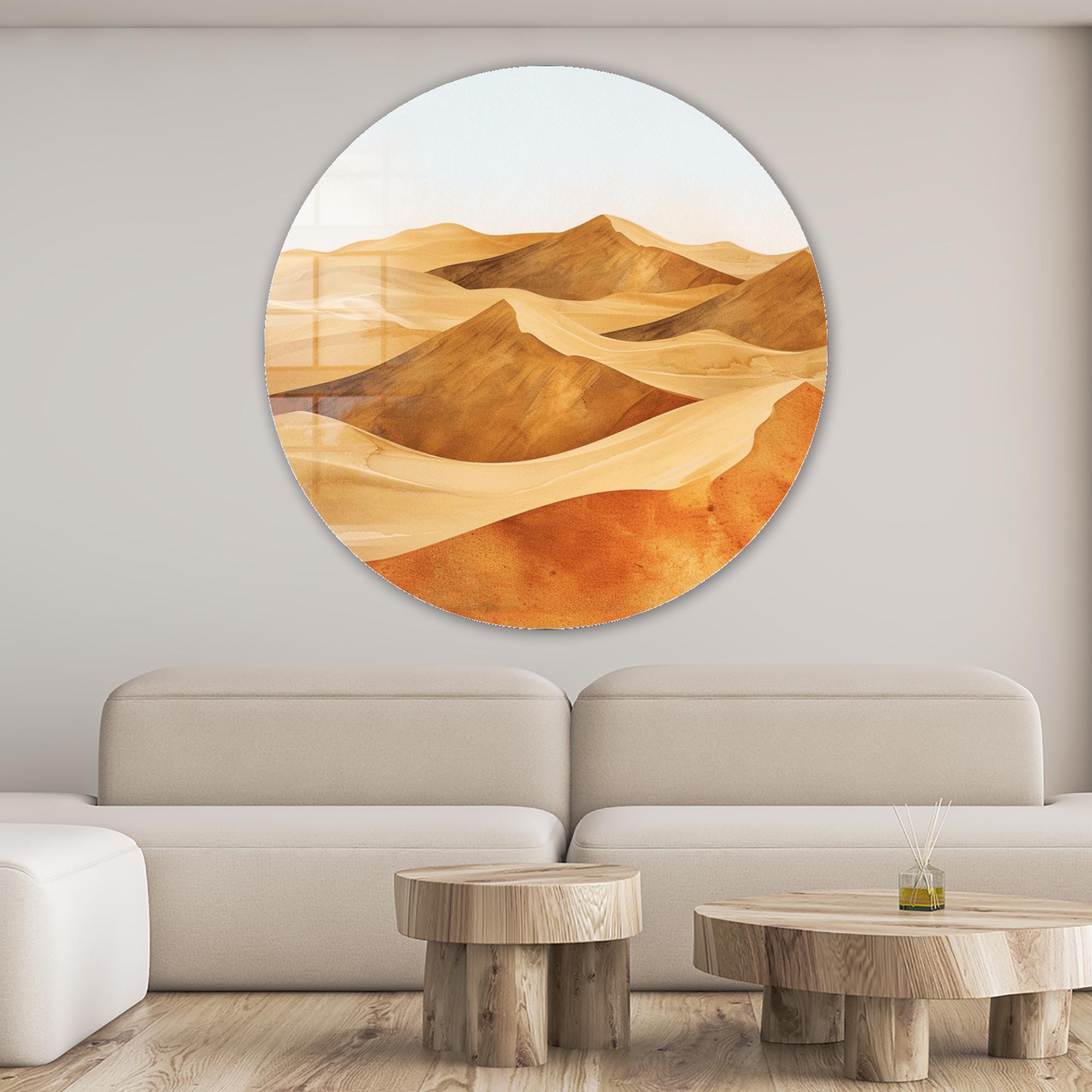 Modern Rounded Glass Wall Art - Desert Landscape Design for Living Room, Bedroom & Office Decor