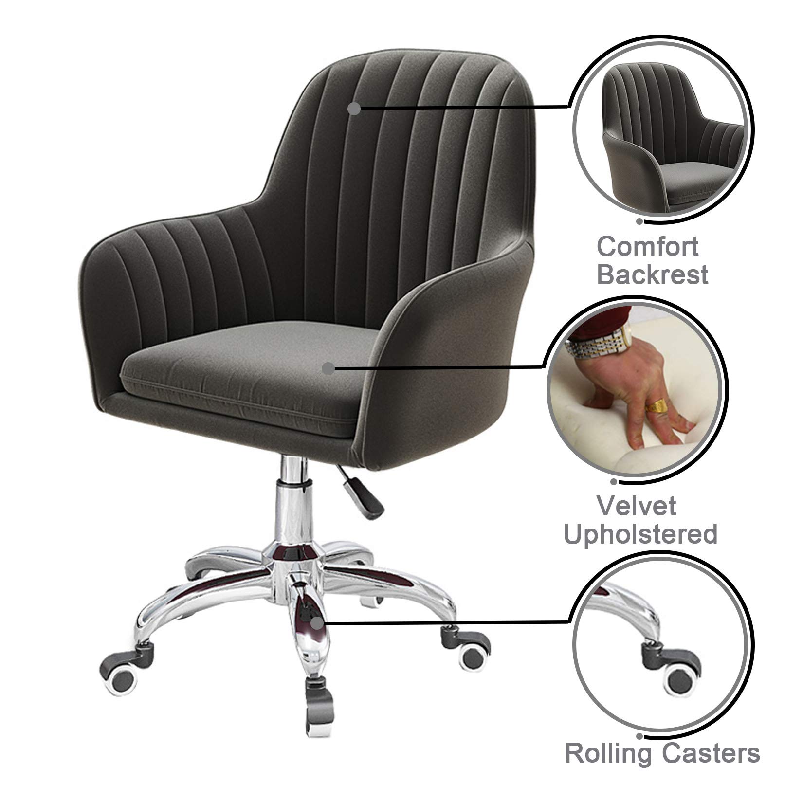 Luxury Velvet Home Office Chair with Metal Base - Adjustable Swivel Desk Chair for Working from Home, Gaming & Living Room - Ergonomic Comfort for Long Hours