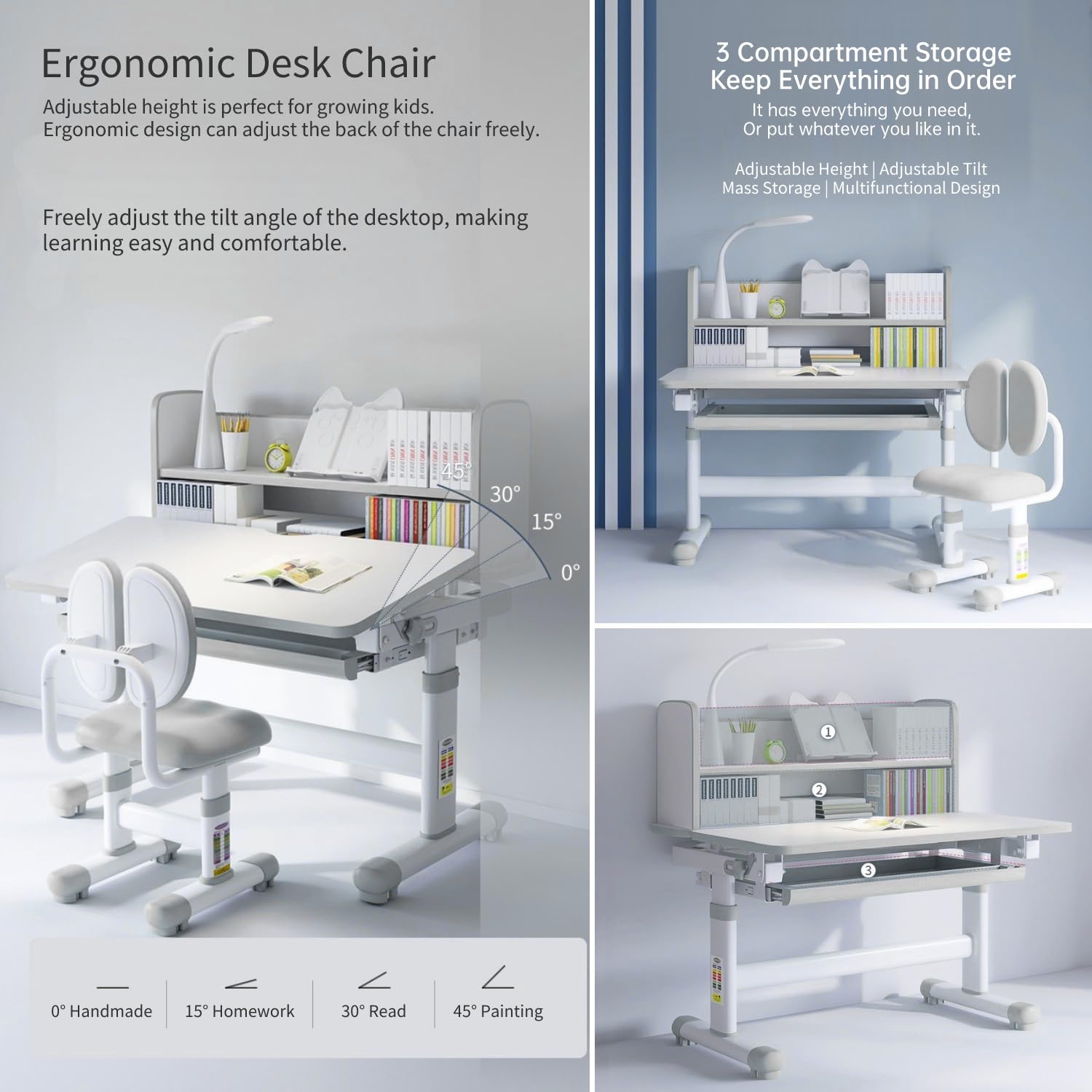 Adjustable Ergonomic Study Desk and Chair Set with Tilt Desktop, Storage Drawers, LED Light & Bookstand - Perfect for Home Office, School & Gaming Workstation (Gray)