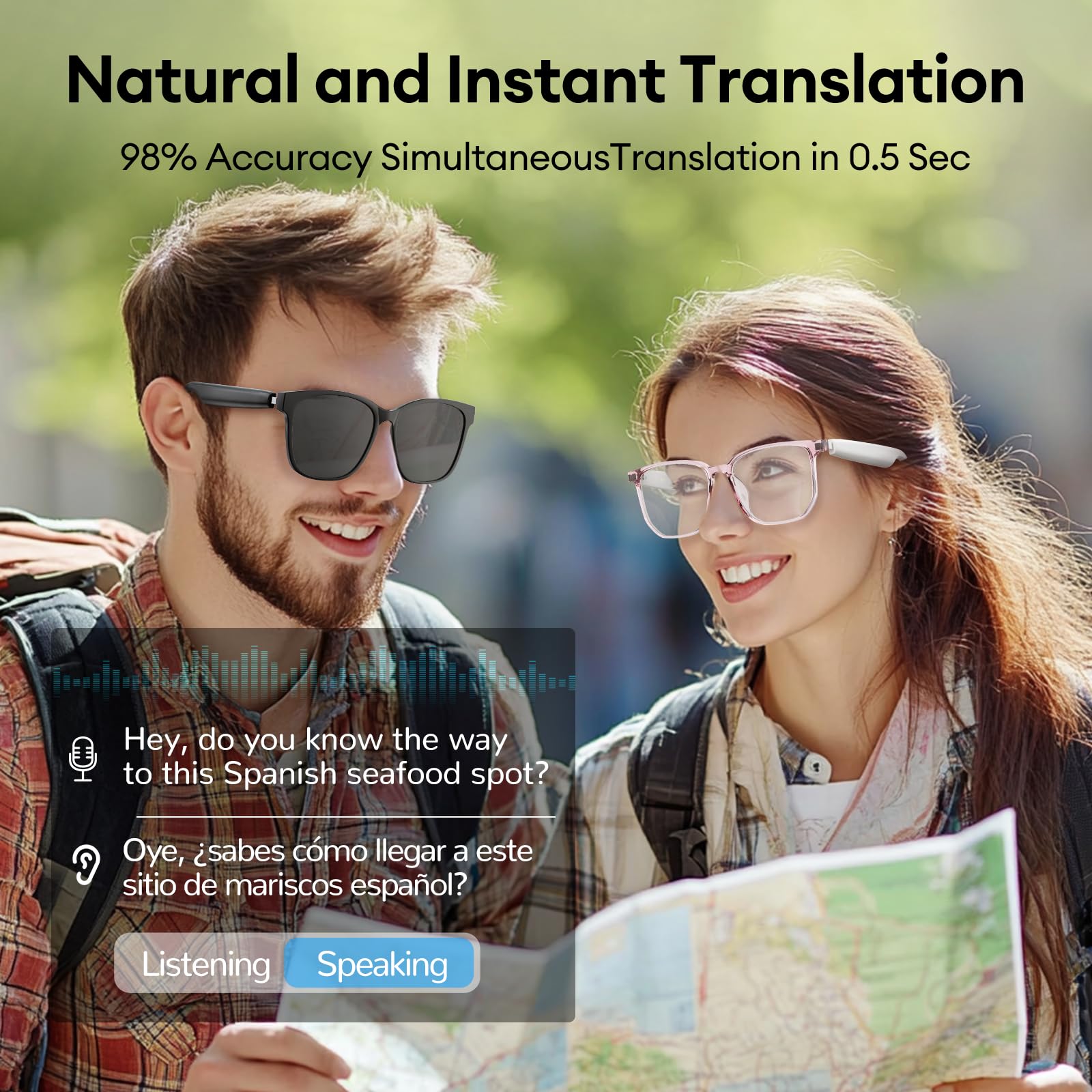 Smart Bluetooth Glasses with AI Translation & Blue Light Filtering - HY-C8 Black for Travel & Work