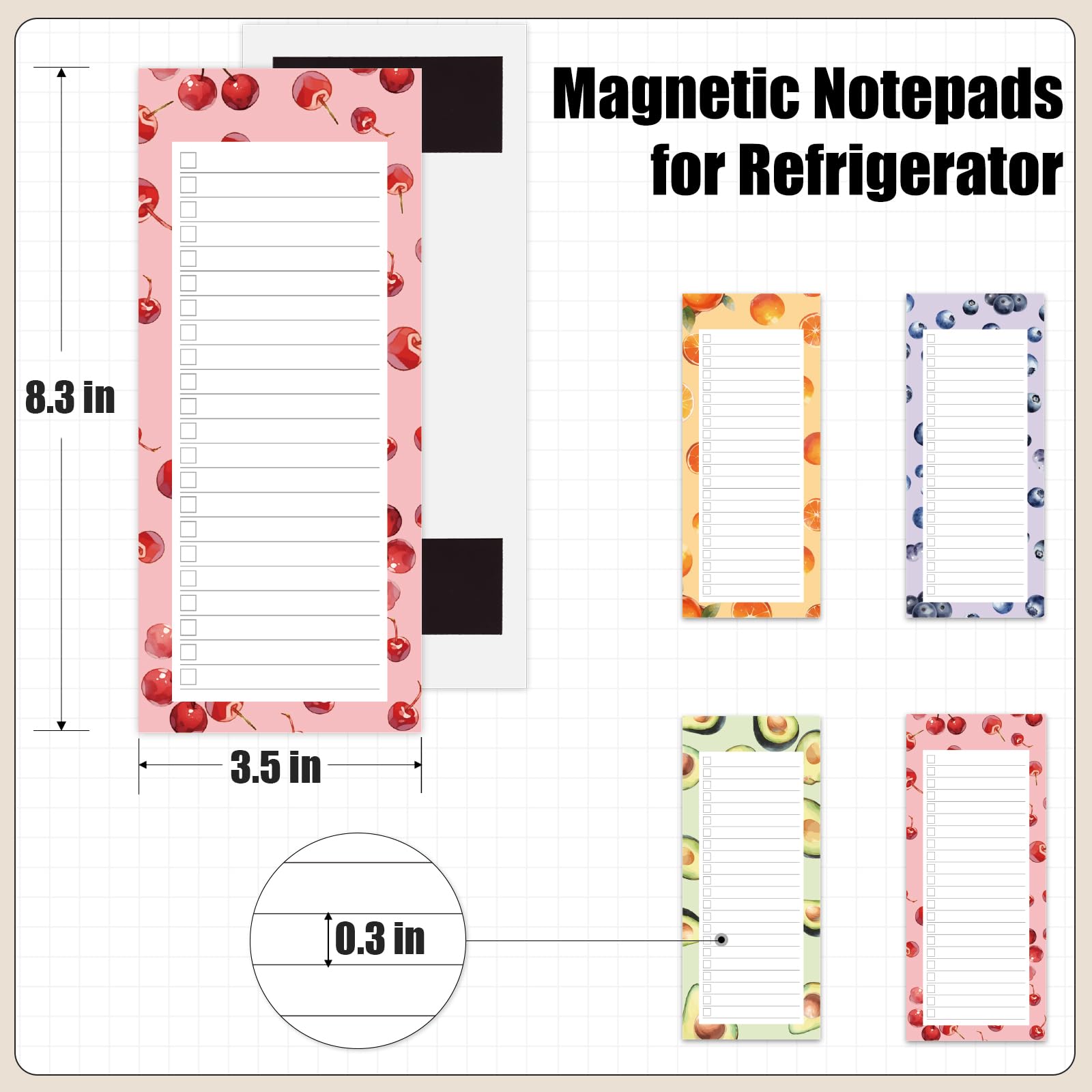 Koogel 4-Pack Magnetic Refrigerator Notepads - Cute Fruit Design Memo Pads for Grocery Lists, Shopping Lists & To-Do Reminders (50 Sheets/Pad) - Perfect for Kitchen Organization & Family Message Board