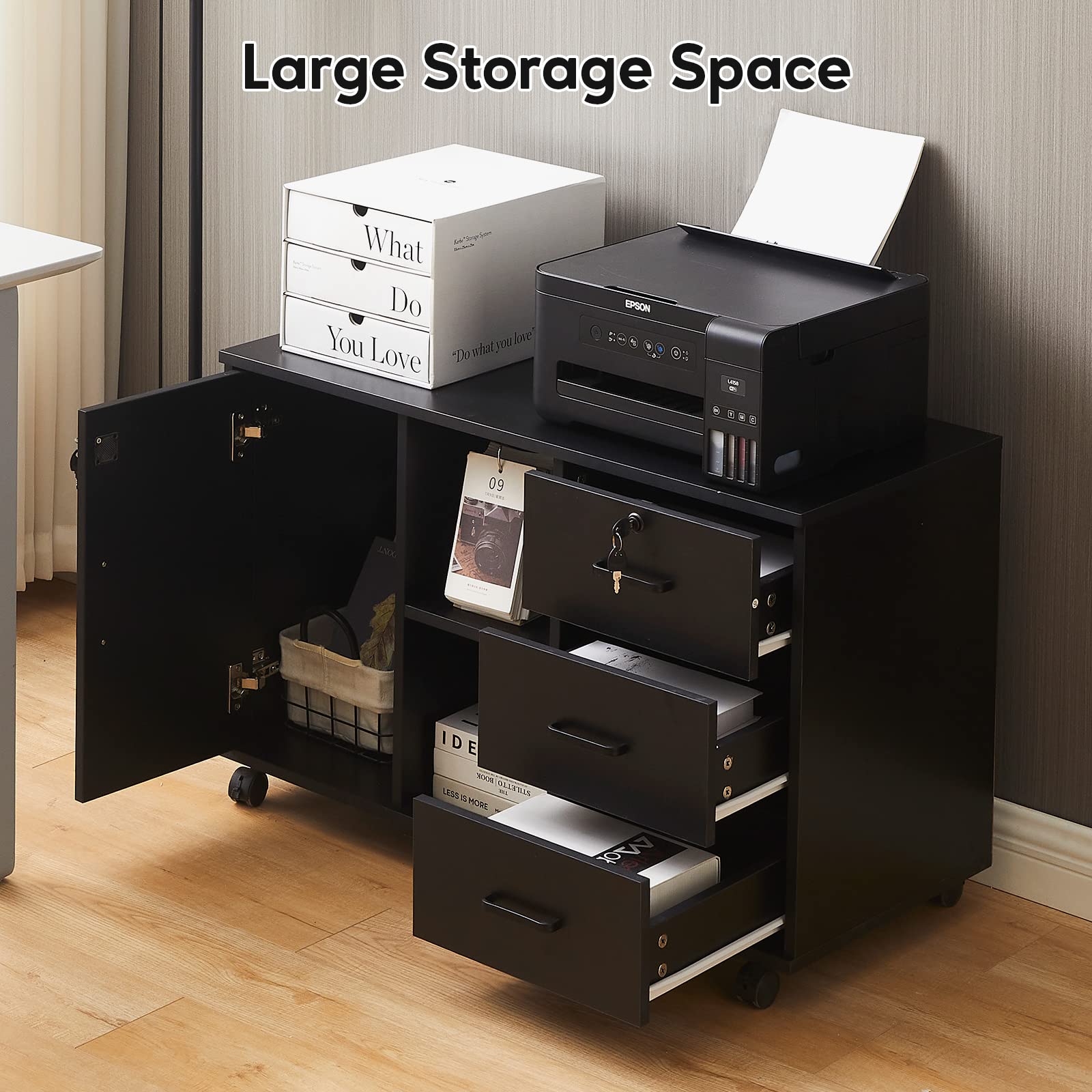TUKAILAi 3-Drawer Mobile File Cabinet with Door & Open Shelf - Lateral Printer Stand, Rolling Office Storage with 4 Wheels, Wooden Stationery Organizer for Home Office (Black) - Perfect for Small Spaces & Document Organization