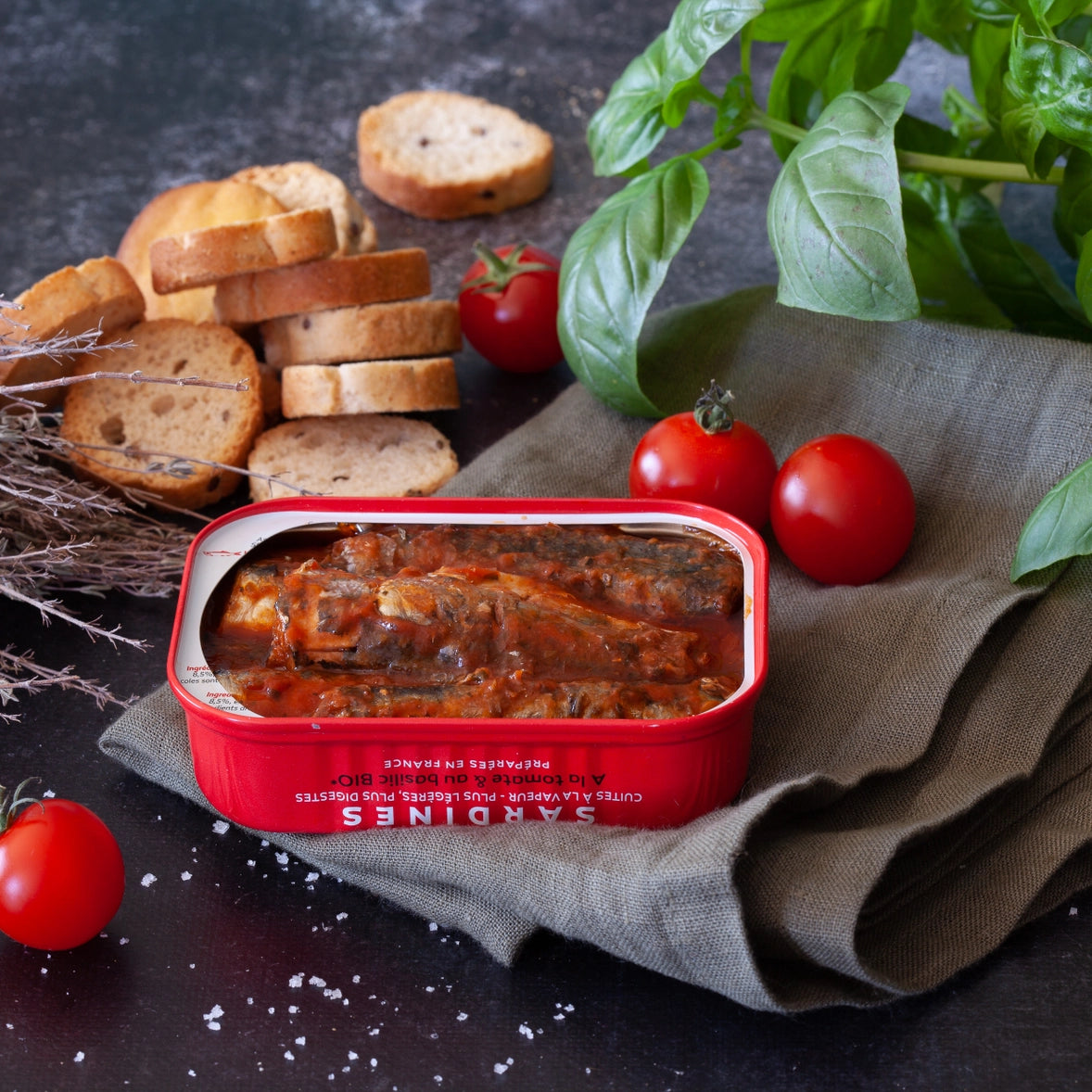 Organic Tomato & Basil Sardines in Olive Oil - Premium Canned Fish for Salads, Pasta & Healthy Snacks