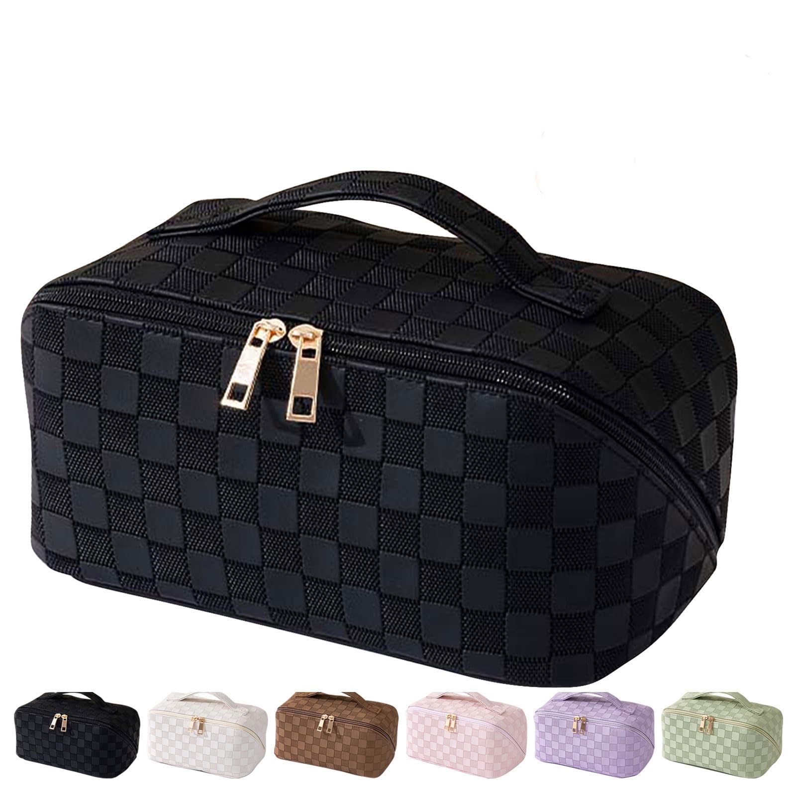 Large Capacity Waterproof Travel Cosmetic Bag for Women - PU Leather Makeup Organizer with Multiple Compartments | Perfect for Toiletries, Skincare & Travel Essentials (Grid-Black)