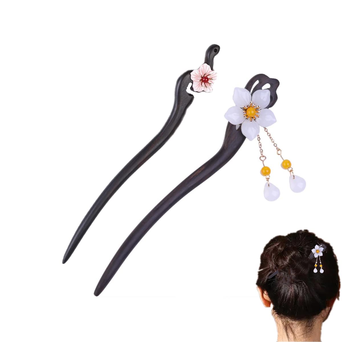 2 Pairs Handmade Wooden Hair Sticks with Floral Decor & Tassels - Chinese Japanese Style Hair Chopsticks for Women & Girls - Perfect for Hanfu, Chignons, Long & Curly Hair Styling - Wedding, Cosplay & Traditional Occasions