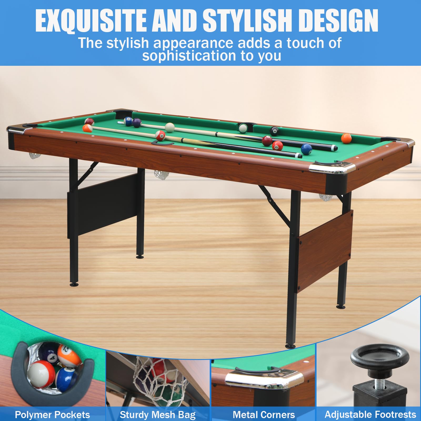 BOSTANA 5.5 ft Foldable Pool Table Set with Balls, Cues, Chalk & Brush - Portable Billiard Table for Home, Game Room, Kids & Adults - Perfect for Family Fun, Parties & Indoor Entertainment