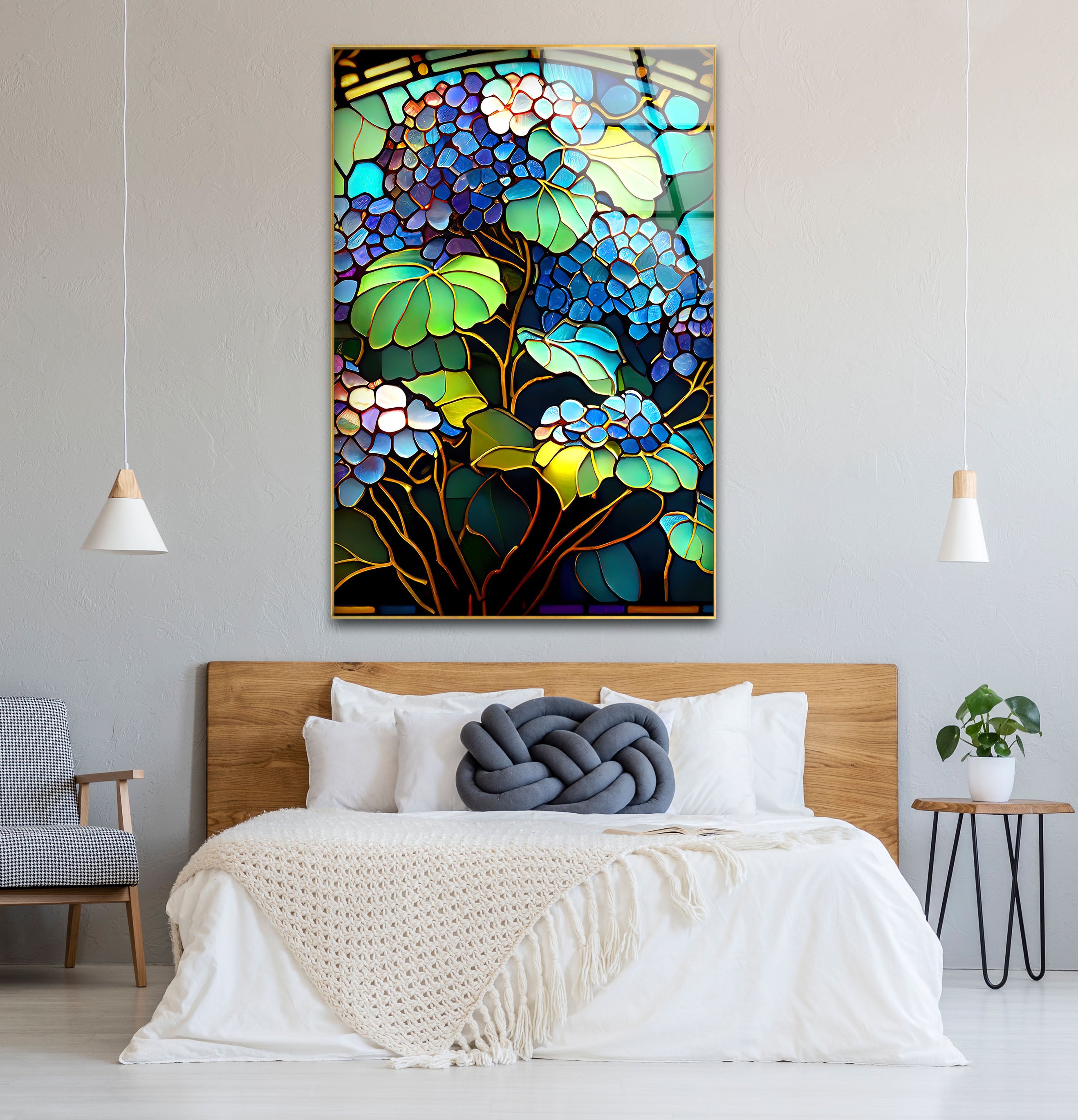 Blue Hydrangea Stained Glass Wall Art - Vertical Floral Glass Print for Home Decor, Church, Wedding & Office | Handmade Glass Painting Gift for Women