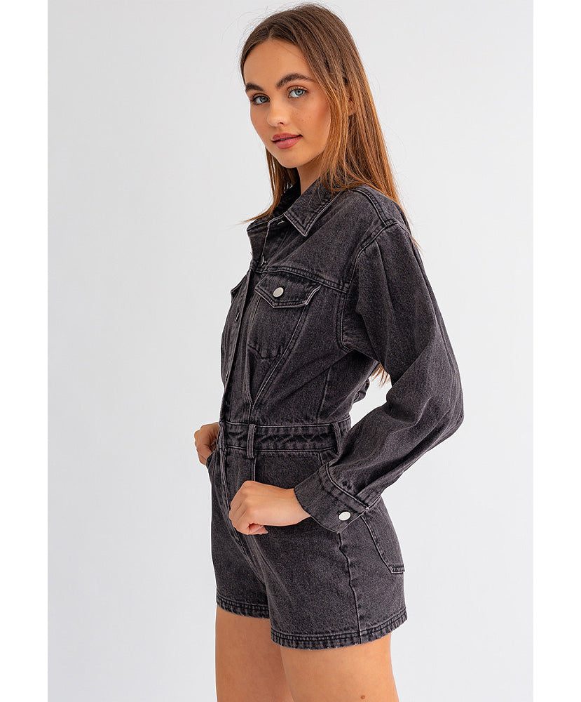 Be My Darlin Women's Long Sleeve Denim Romper Jumpsuit - Casual Outfit for Date Night & Fall Fashion