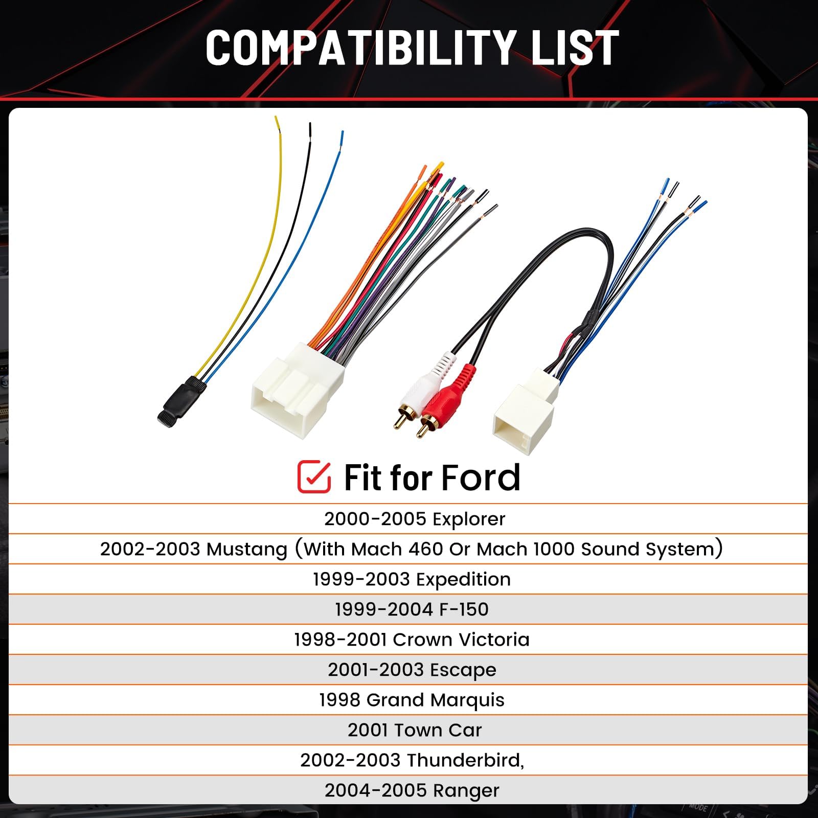 RED WOLF Car Radio Wiring Harness Kit with RCA Plug & 12V to 5V Converter - Compatible with 2000-2004 Ford Mustang/Explorer & 1999-2003 Lincoln - Perfect for Aftermarket Stereo, CD Player, Receiver & Sound System Installation - Easy DIY Upgrade for Better Audio Quality