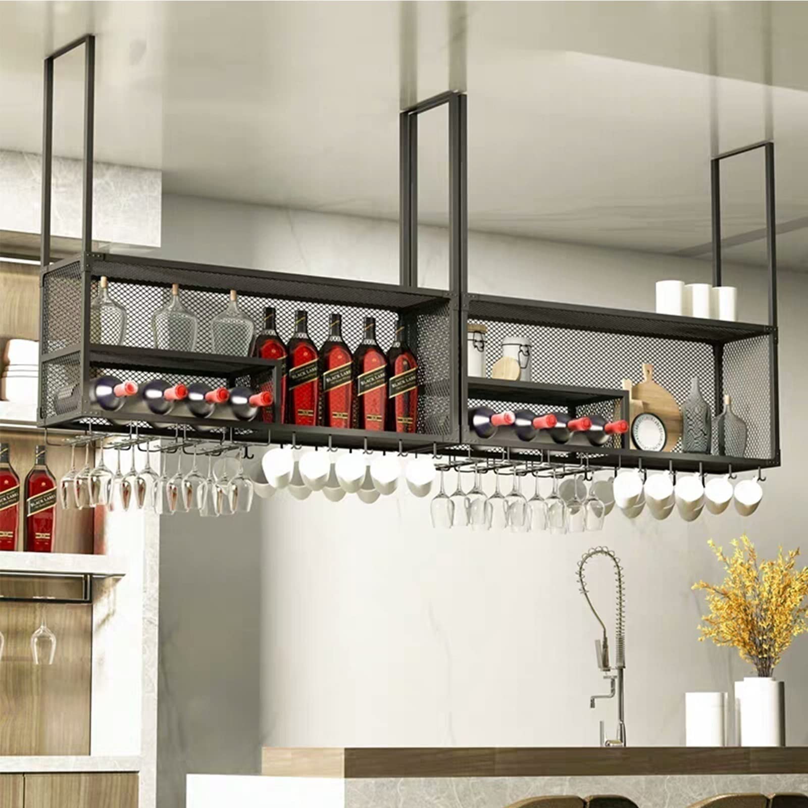 Premium Metal Hanging Wine Rack Cabinet - Wall Mounted Wine Glass Holder & Floating Shelf for Kitchen, Bar, Restaurant - DIY Storage Solution for Wine Bottles, Glasses & Books - Perfect for Home Bars, Dining Rooms & Commercial Spaces