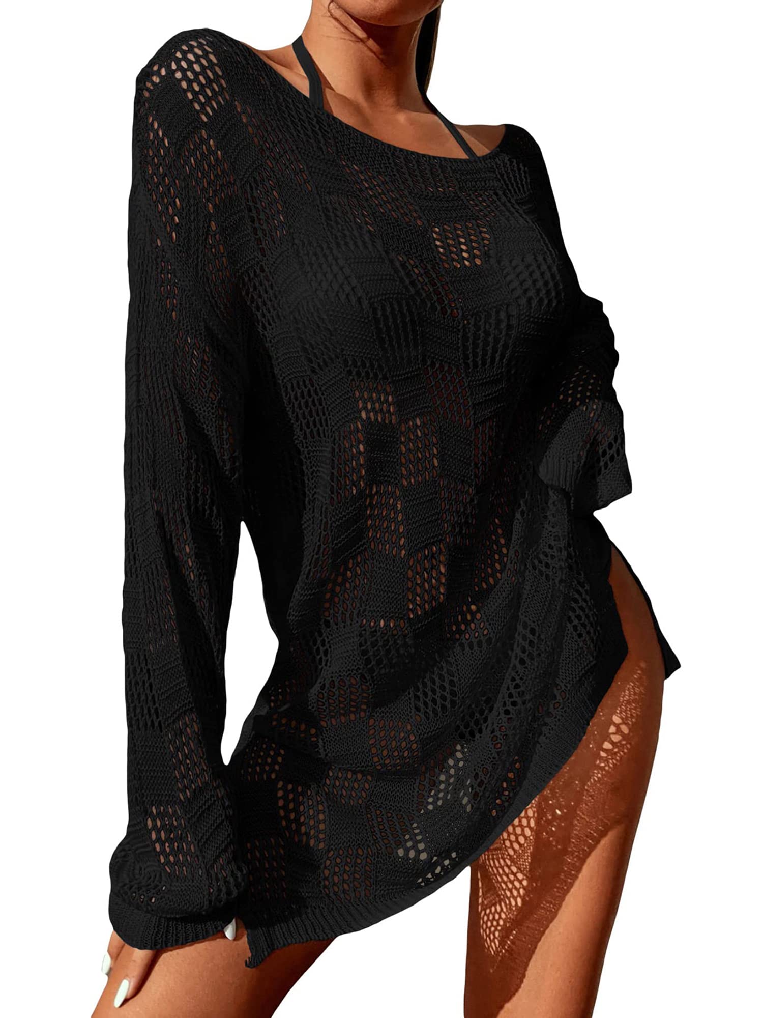 Women's Crochet Hollow Out Bikini Cover Up Dress - Split Hem Beach Swimsuit Coverup for Pool, Vacation & Summer Outfits