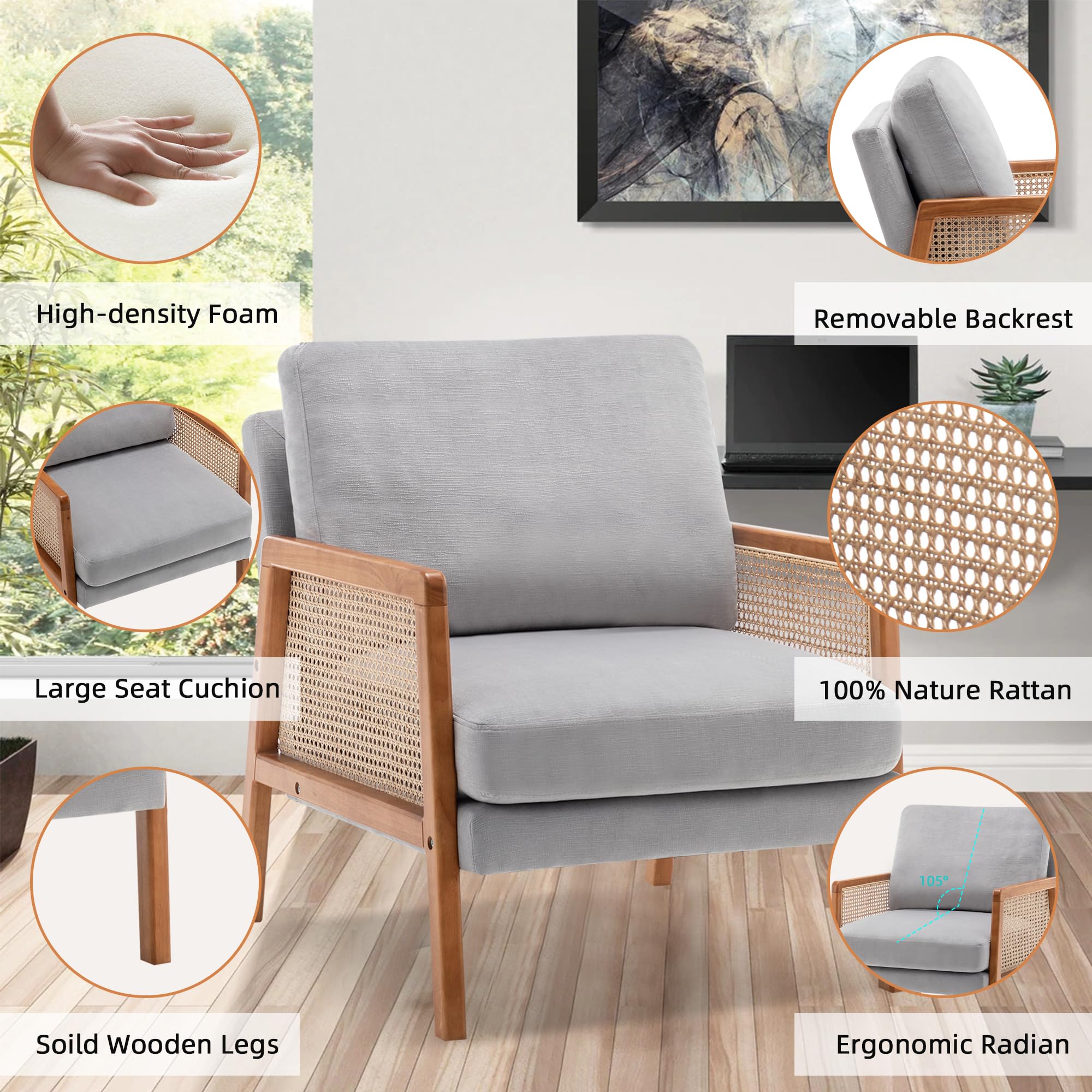 WENTMENT Set of 2 Modern Rattan Accent Chairs with Natural Armrests - Upholstered Living Room Armchairs, Comfortable Single Sofa Chairs for Reception, Hosting & Bedroom (Grey) | Perfect for Lounge, Reading Nook & Cozy Home Decor