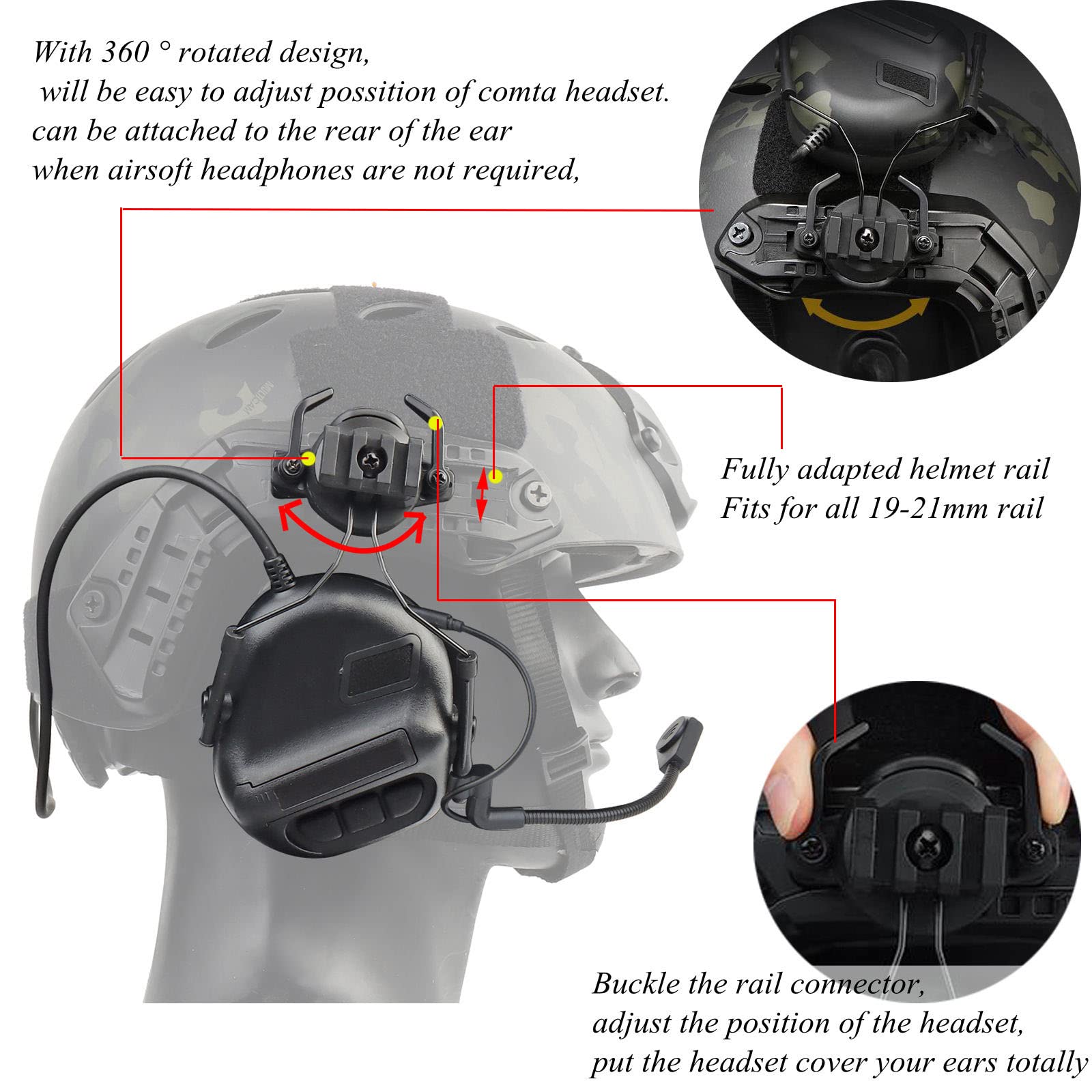 Tactical Shooting Headset with U94 PTT 2pin & ARC Rail Adapter - Noise Reduction Ear Protection & Clear Sound Pickup for Military, Airsoft, and Range Training (Black)