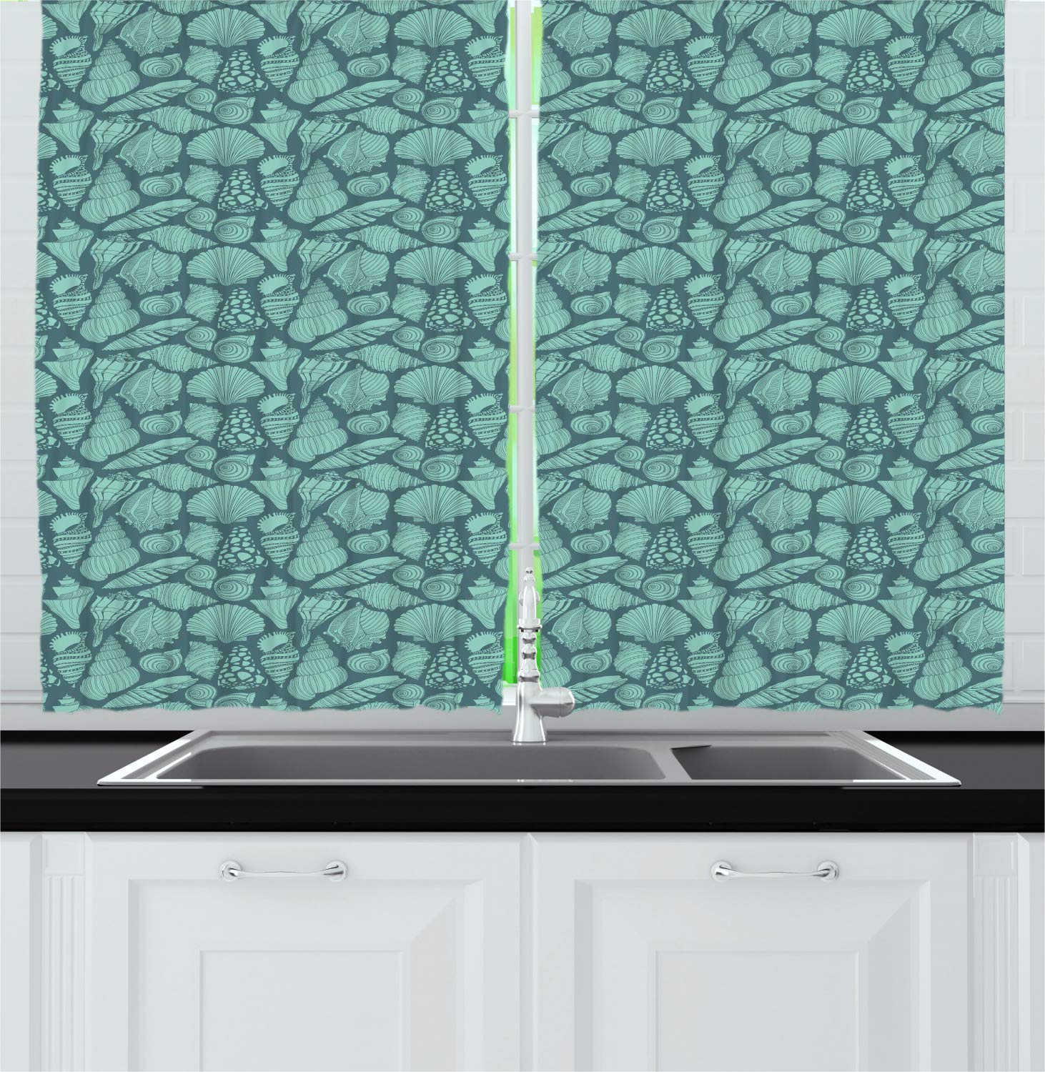 Ambesonne Seashell Kitchen Curtains Set of 2 - Coastal Beach Theme with Shell & Ladder Horn Design - 55